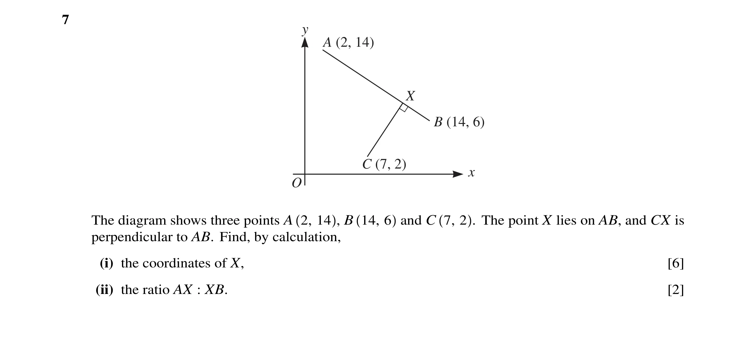 Question 22: y A (2, 14) X B (14, 6) C (7, 2) x O The diagram shows three points A 2, 14 , B 14, 6 and C 7, 2 . The point X lies on AB, and CX is perpen…