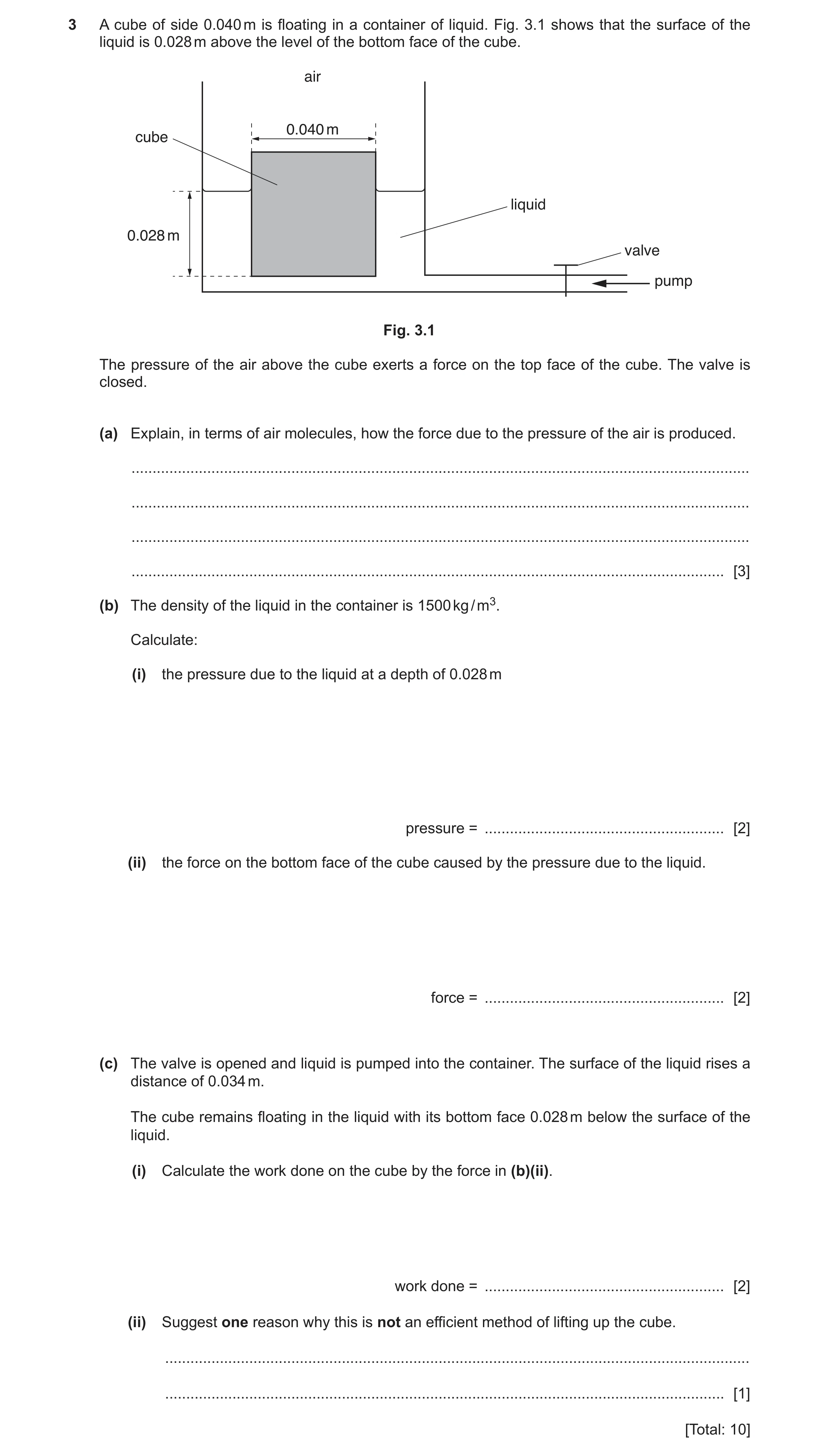 Question 13: A cube of side 0.040 m is floating in a container of liquid. Fig. 3.1 shows that the surface of the liquid is 0.028 m above the level of th…