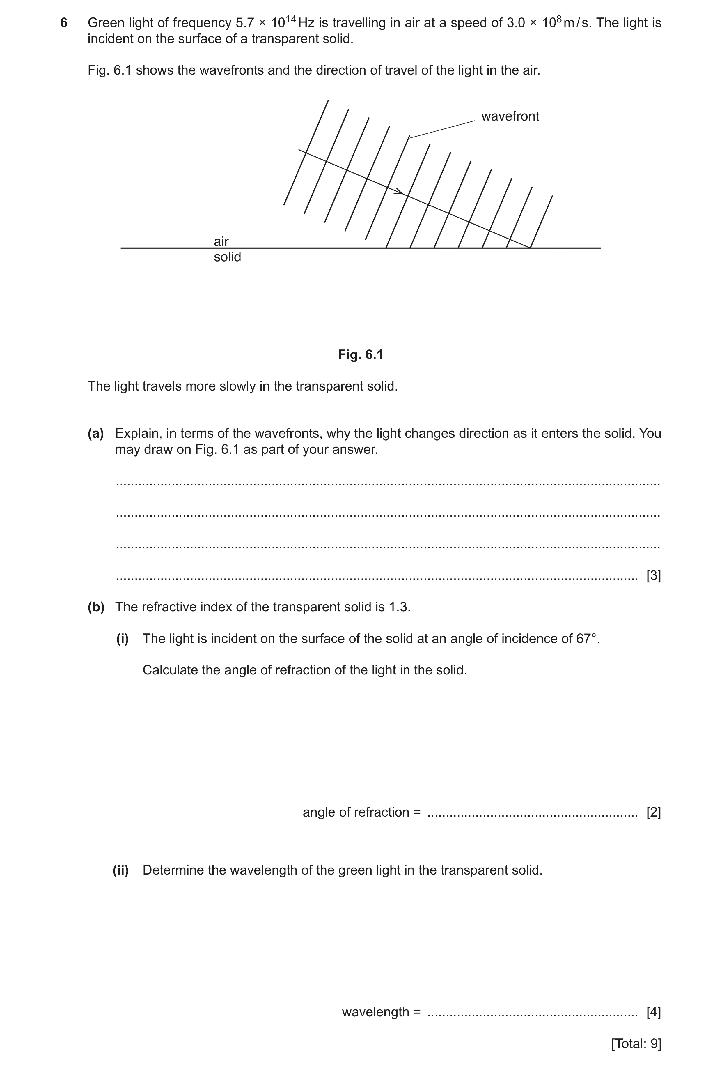 Question 16: Green light of frequency 5.7 × 1014 Hz is travelling in air at a speed of 3.0 × 108 m / s. The light is incident on the surface of a transp…