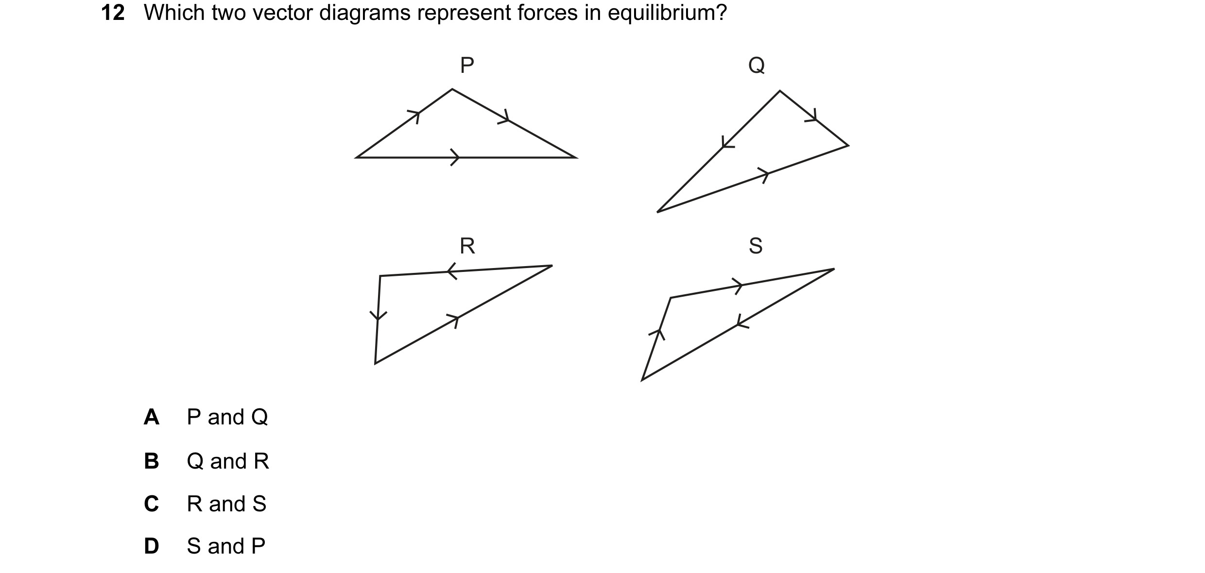 Question 1: Which two vector diagrams represent forces in equilibrium? P Q R S A P and Q B Q and R C R and S D S and P