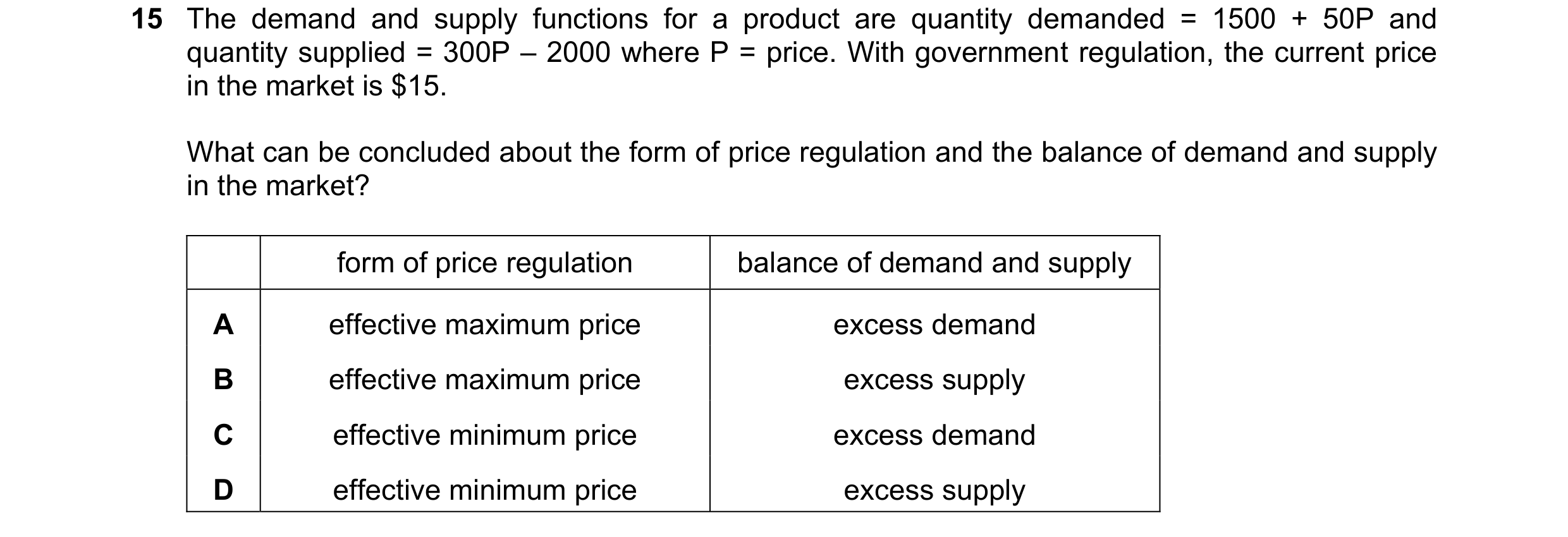 Question 292: The demand and supply functions for a product are quantity demanded = 1500 + 50P and quantity supplied = 300P – 2000 where P = price. With …