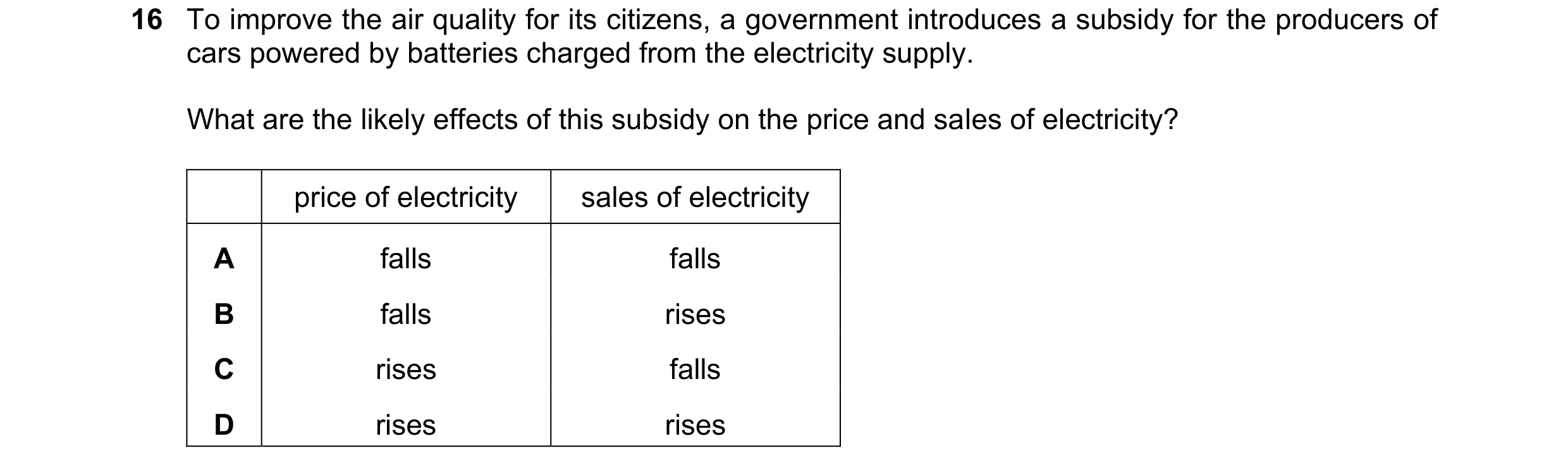 Question 293: To improve the air quality for its citizens, a government introduces a subsidy for the producers of cars powered by batteries charged from …