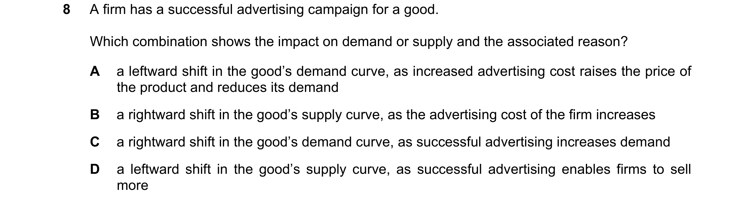 Question 208: A firm has a successful advertising campaign for a good. Which combination shows the impact on demand or supply and the associated reason? …