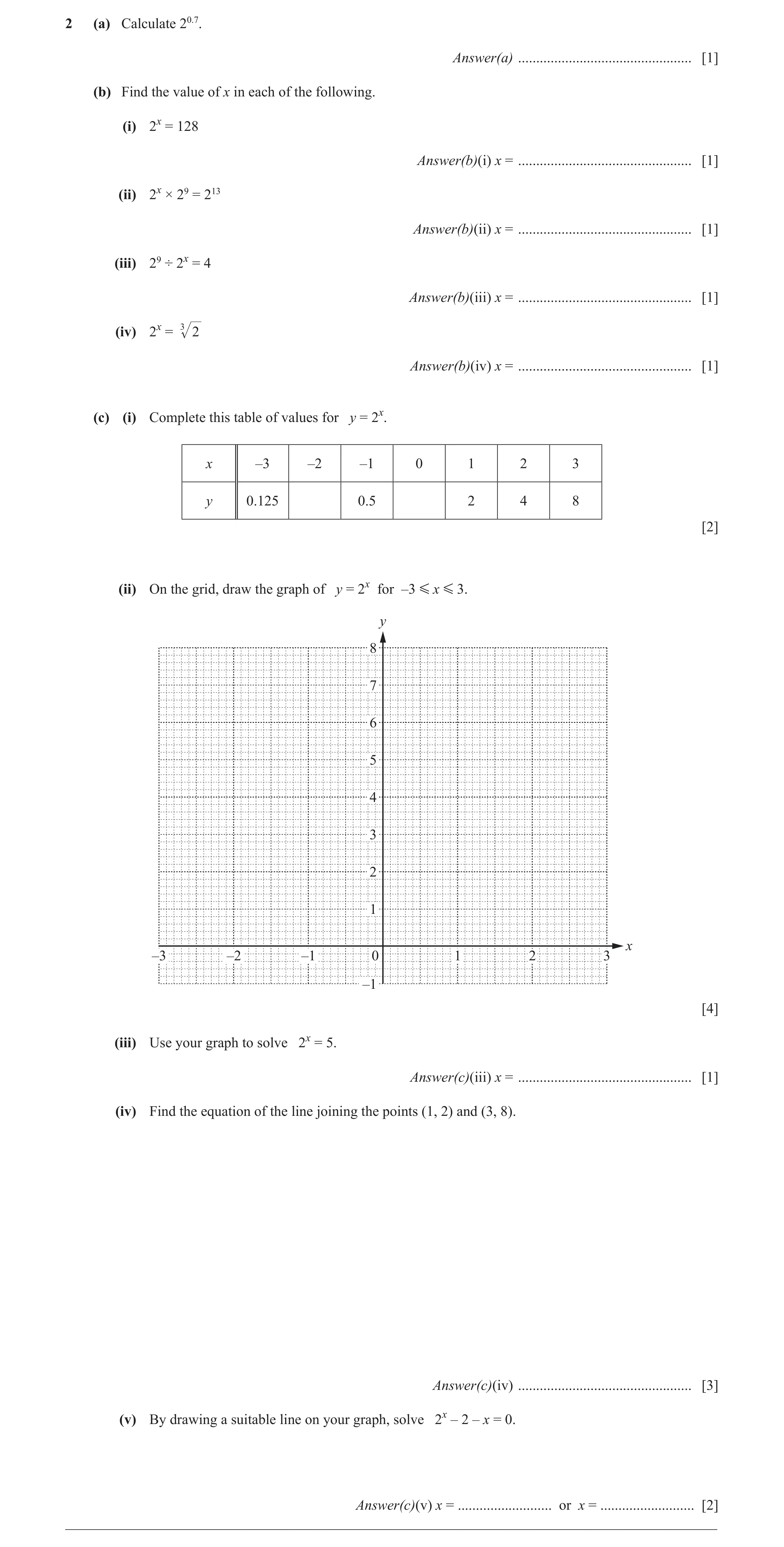 Question 51: (a) Calculate 20.7. Answer(a) ................................................ [1] (b) Find the value of x in each of the following. (i) 2x…