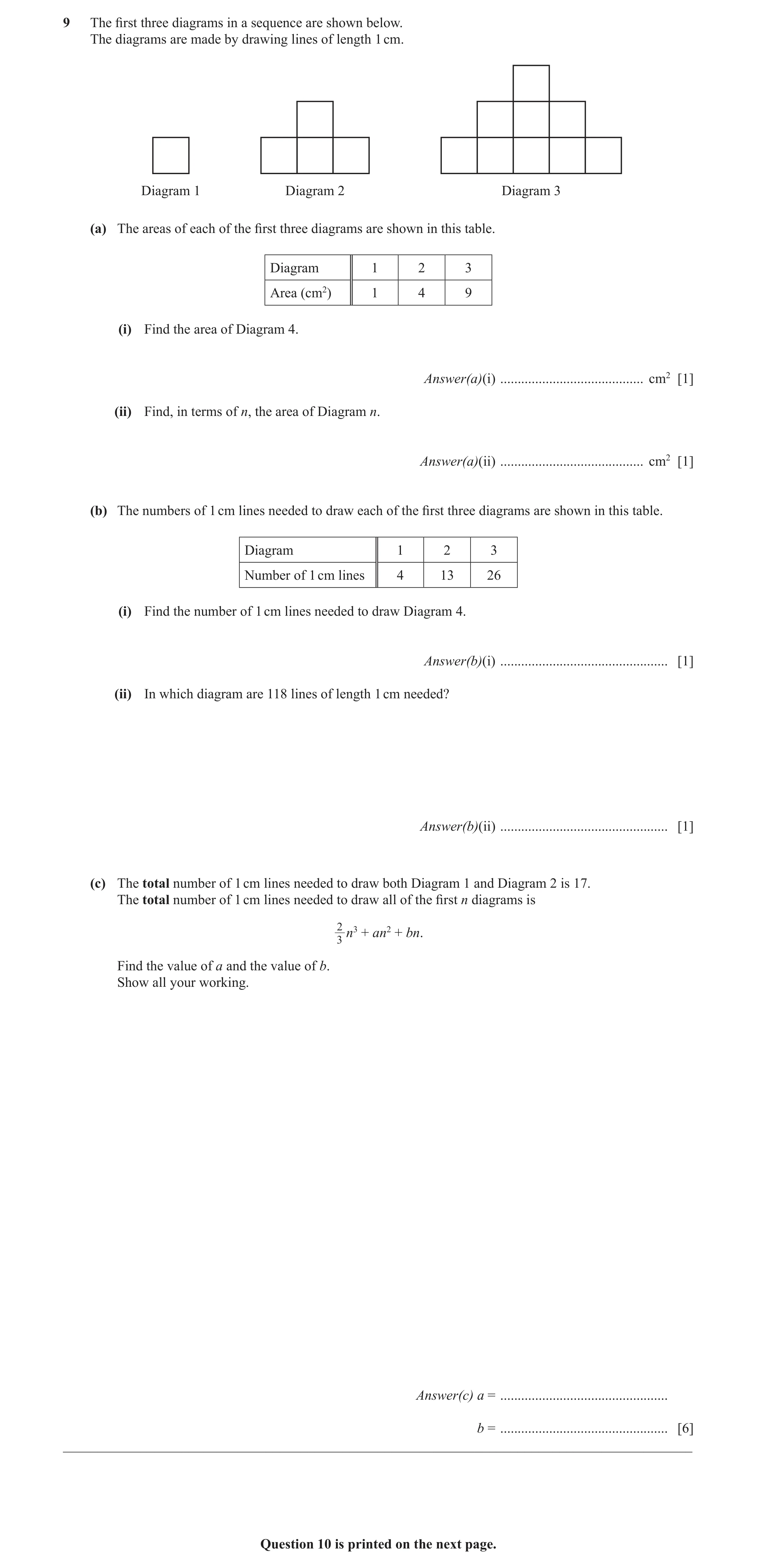 Question 7: The first three diagrams in a sequence are shown below. The diagrams are made by drawing lines of length 1 cm. Diagram 1 Diagram 2 Diagram …