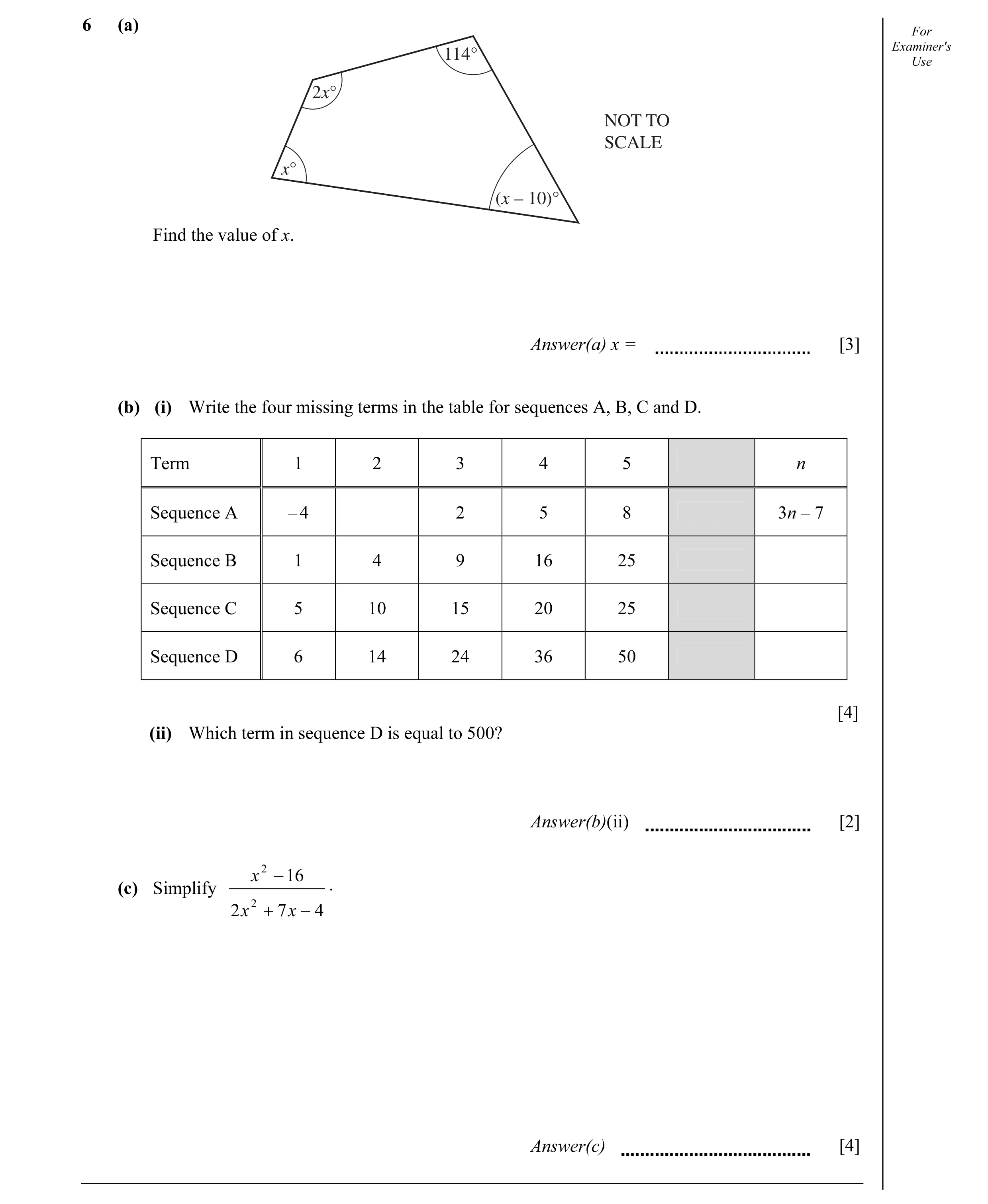 Question 12: (a) For Examiner's 114° Use 2x° NOT TO SCALE x° (x – 10)° Find the value of x. Answer(a) x = [3] (b) (i) Write the four missing terms in th…