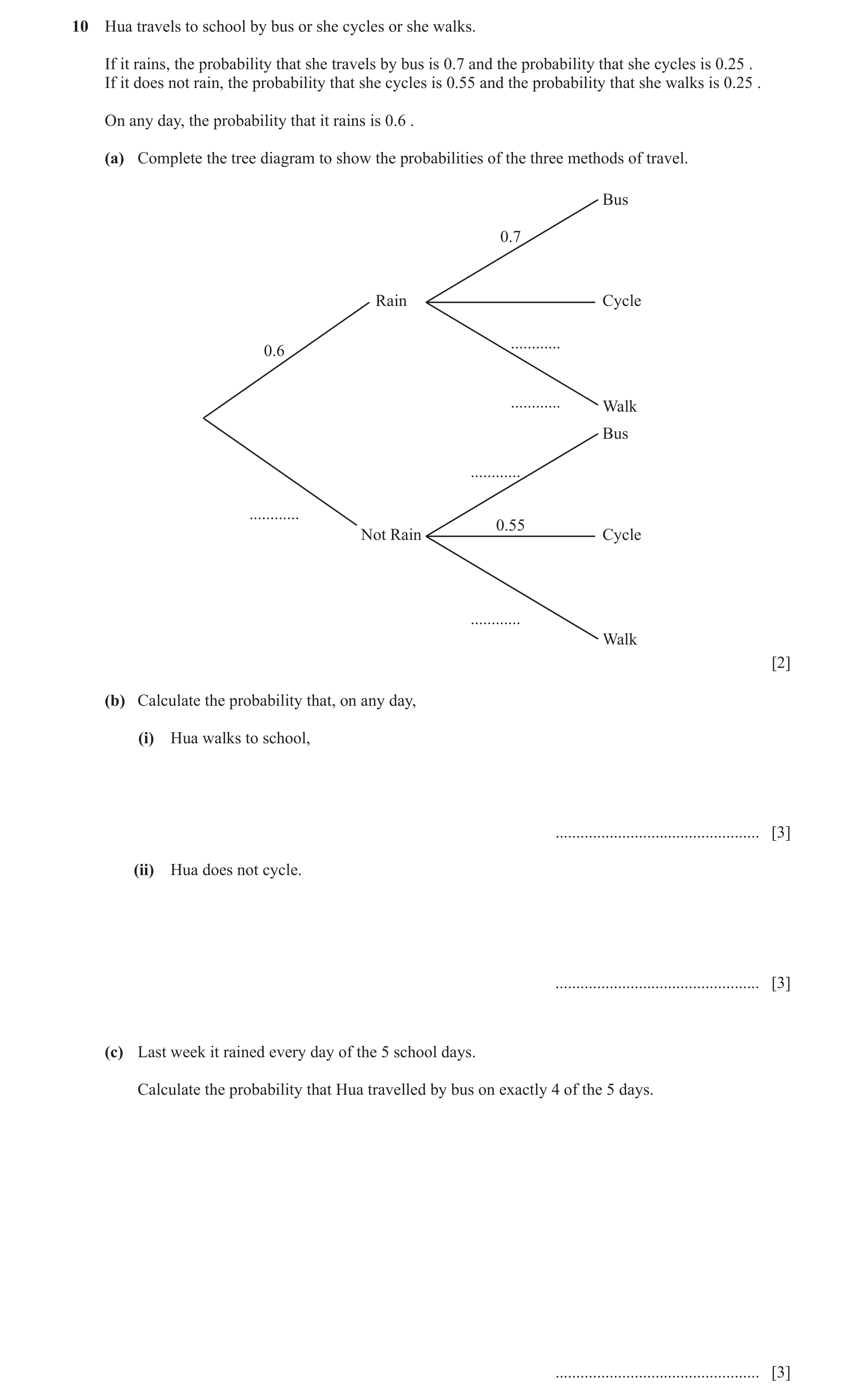 Question 25: Hua travels to school by bus or she cycles or she walks. If it rains, the probability that she travels by bus is 0.7 and the probability th…