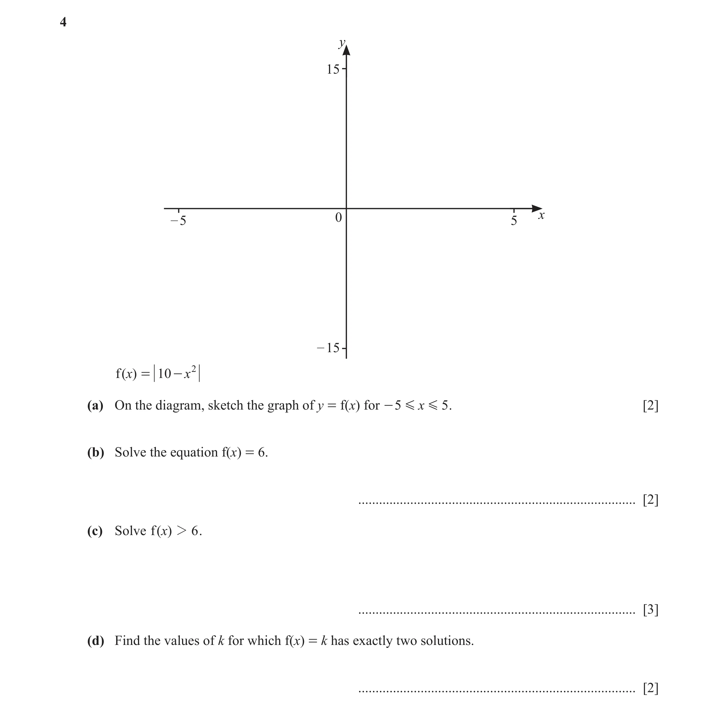 Question 39: y 15 – 5 0 5 x – 15 f ( )x = 10 - x 2 (a) On the diagram, sketch the graph of y = f(x) for - 5 G x G 5 . [2] (b) Solve the equation f(x) = …