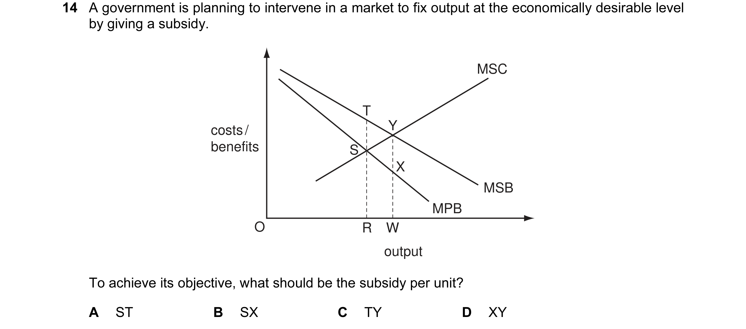 Question 1: A government is planning to intervene in a market to fix output at the economically desirable level by giving a subsidy. MSC T costs / Y be…