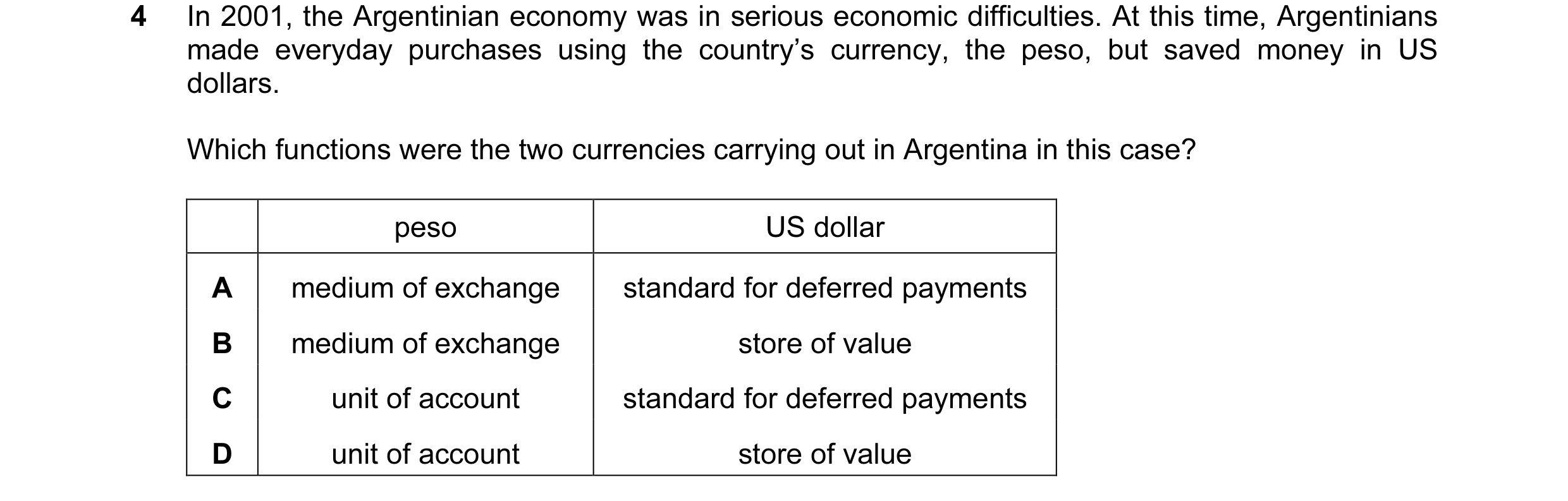 Question 3: In 2001, the Argentinian economy was in serious economic difficulties. At this time, Argentinians made everyday purchases using the country…