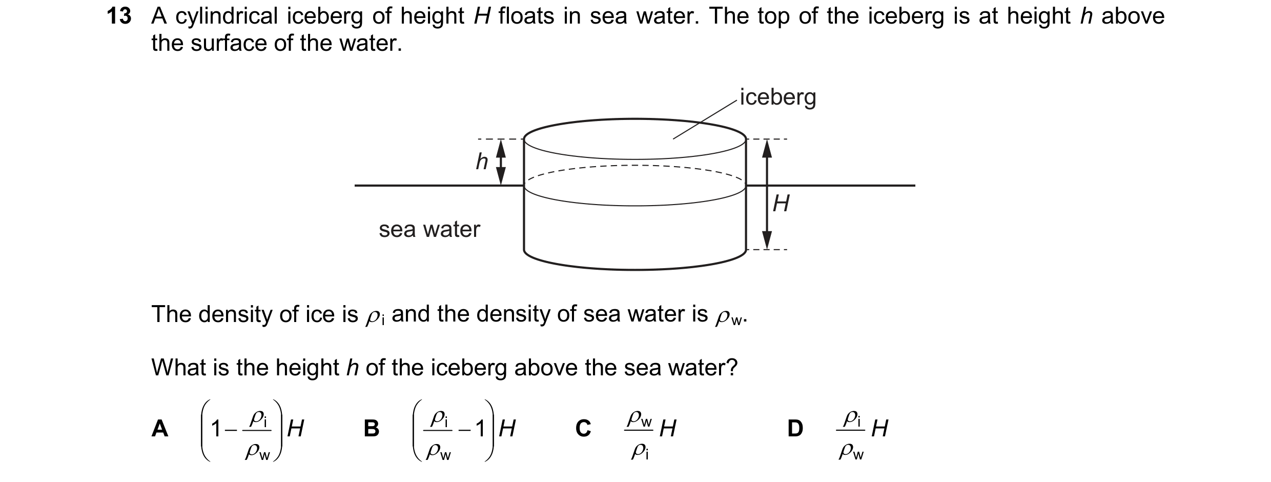 Question 184: A cylindrical iceberg of height H floats in sea water. The top of the iceberg is at height h above the surface of the water. iceberg h H se…