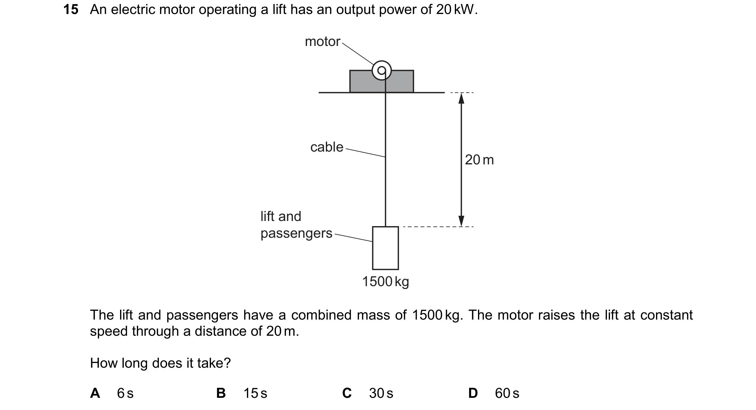 Question 270: An electric motor operating a lift has an output power of 20 kW. motor cable 20 m lift and passengers 1500 kg The lift and passengers have …