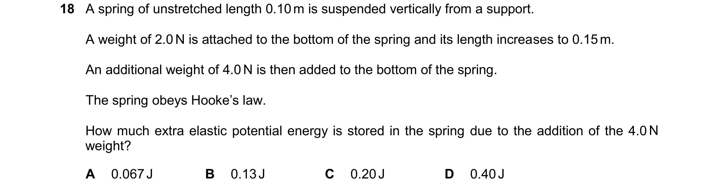Question 149: A spring of unstretched length 0.10 m is suspended vertically from a support. A weight of 2.0 N is attached to the bottom of the spring and…
