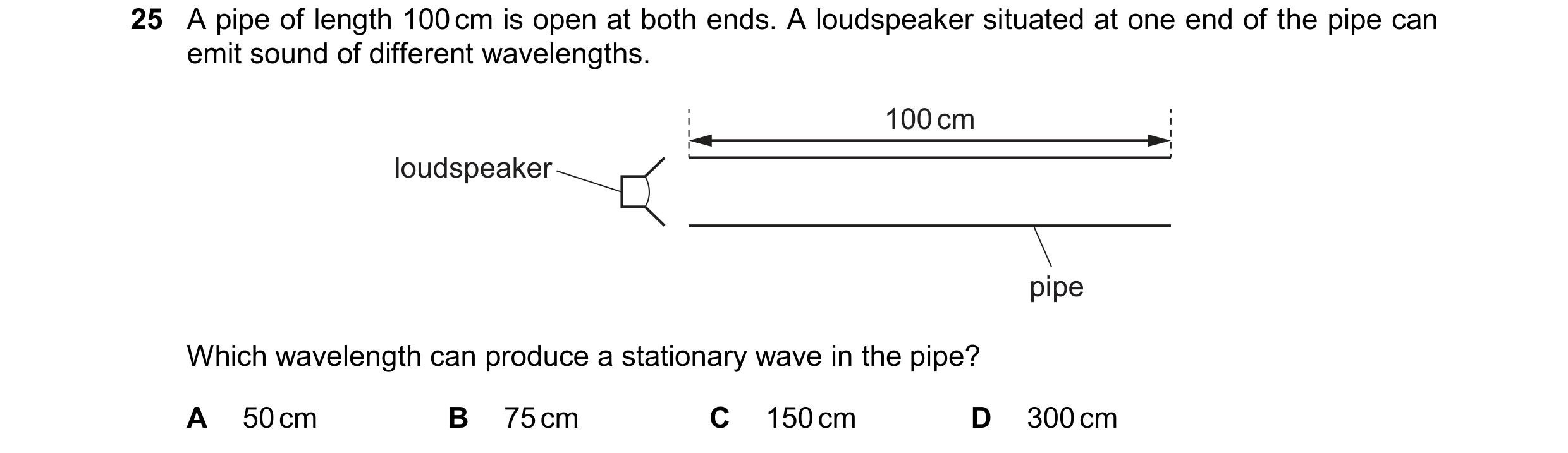 Question 128: A pipe of length 100 cm is open at both ends. A loudspeaker situated at one end of the pipe can emit sound of different wavelengths. 100 cm…