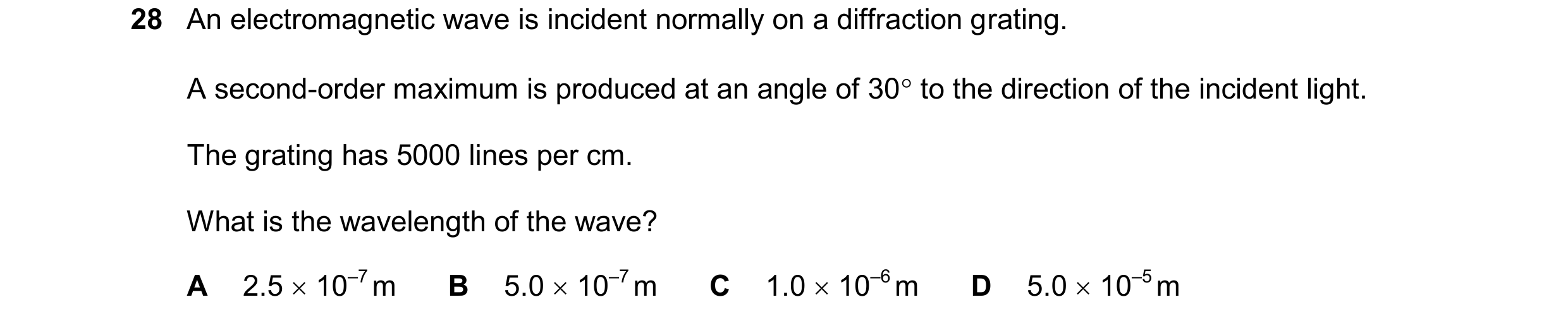 Question 77: An electromagnetic wave is incident normally on a diffraction grating. A second-order maximum is produced at an angle of 30 to the directi…