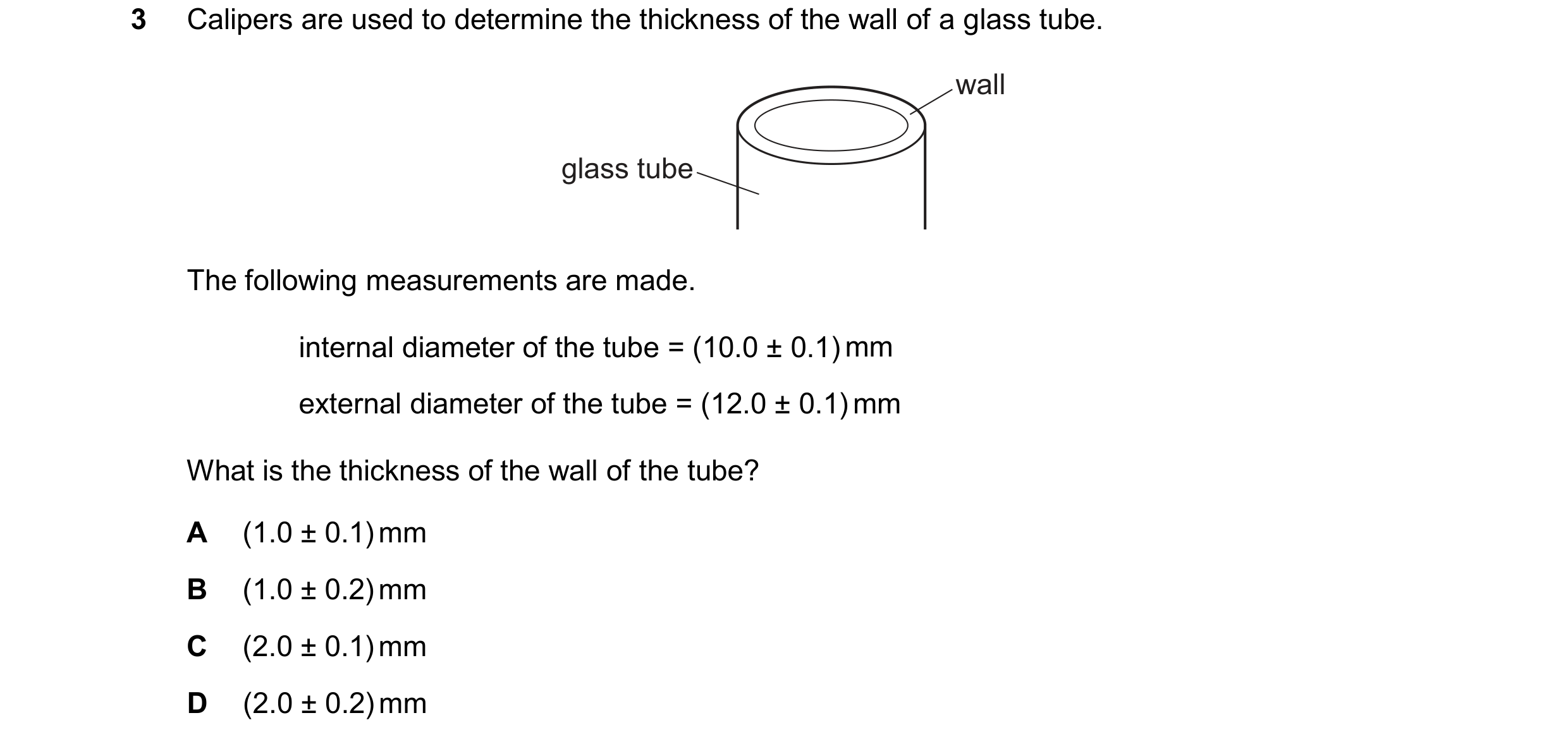 Question 154: Calipers are used to determine the thickness of the wall of a glass tube. wall glass tube The following measurements are made. internal dia…