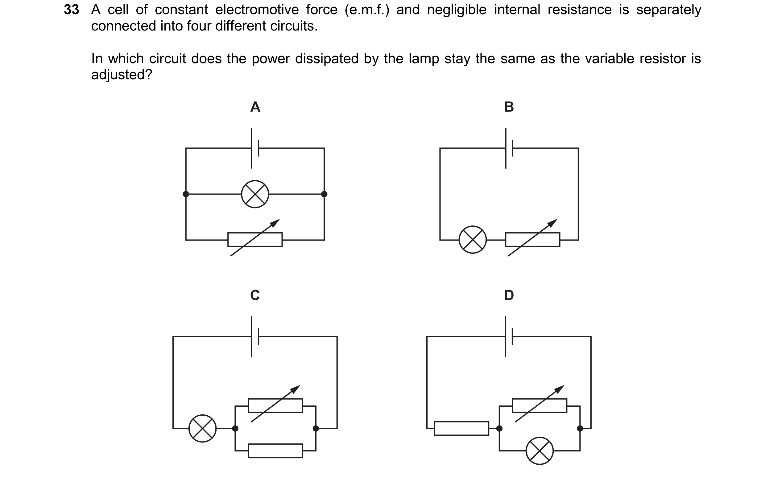 Question 226: A cell of constant electromotive force (e.m.f.) and negligible internal resistance is separately connected into four different circuits. In…
