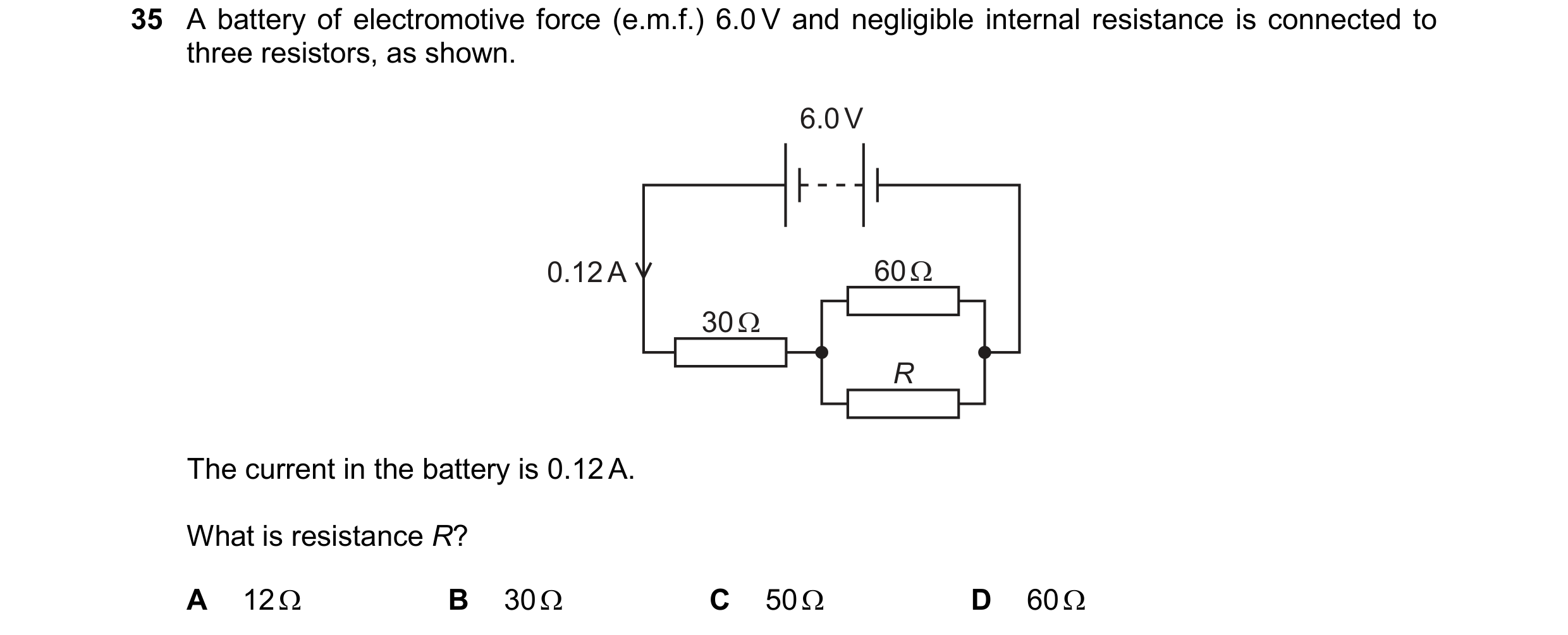 Question 121: A battery of electromotive force (e.m.f.) 6.0V and negligible internal resistance is connected to
three resistors, as shown.
OV
6
my
60Q
…