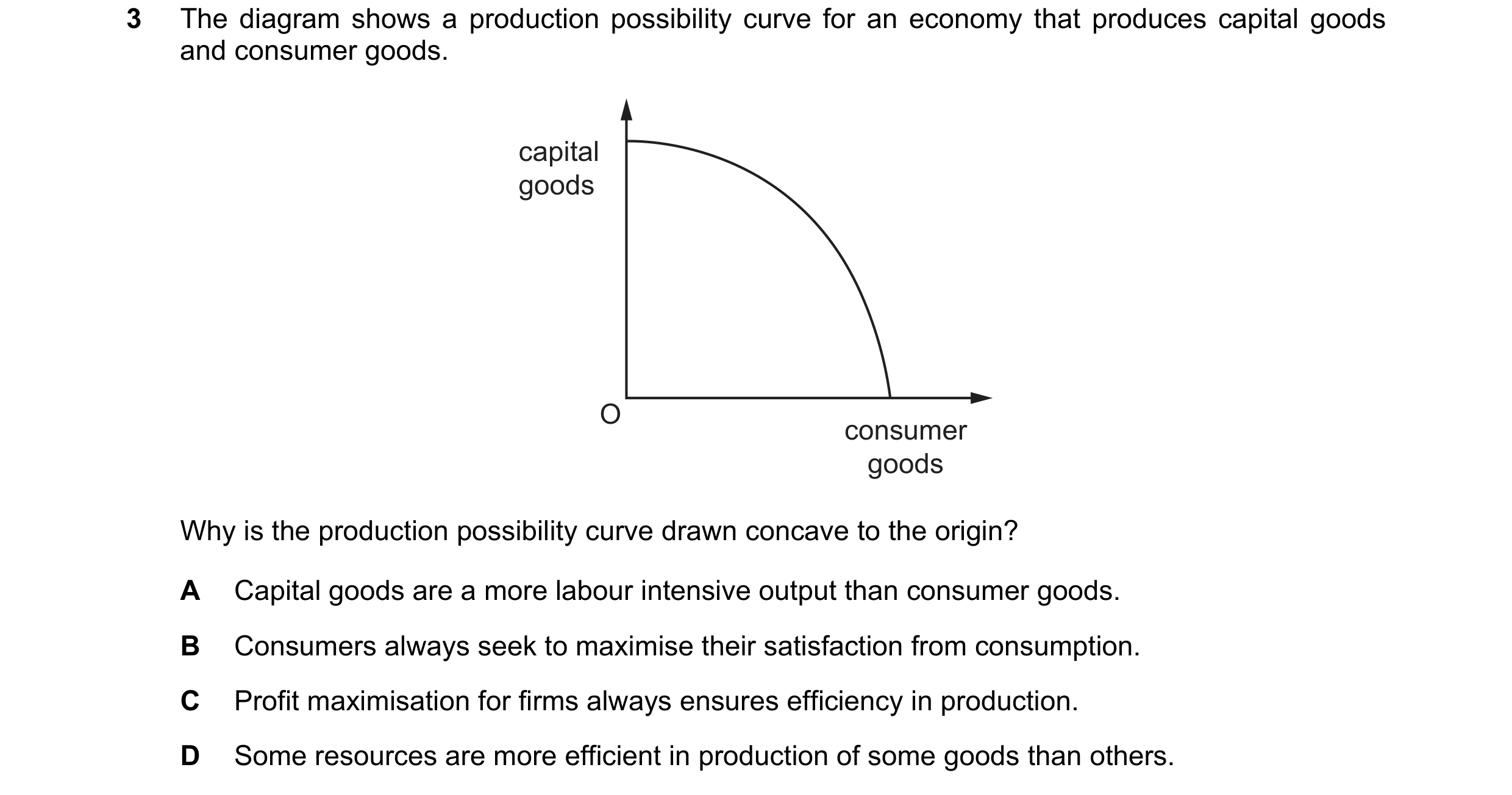 Question 86: The diagram shows a production possibility curve for an economy that produces capital goods and consumer goods. capital goods O consumer go…