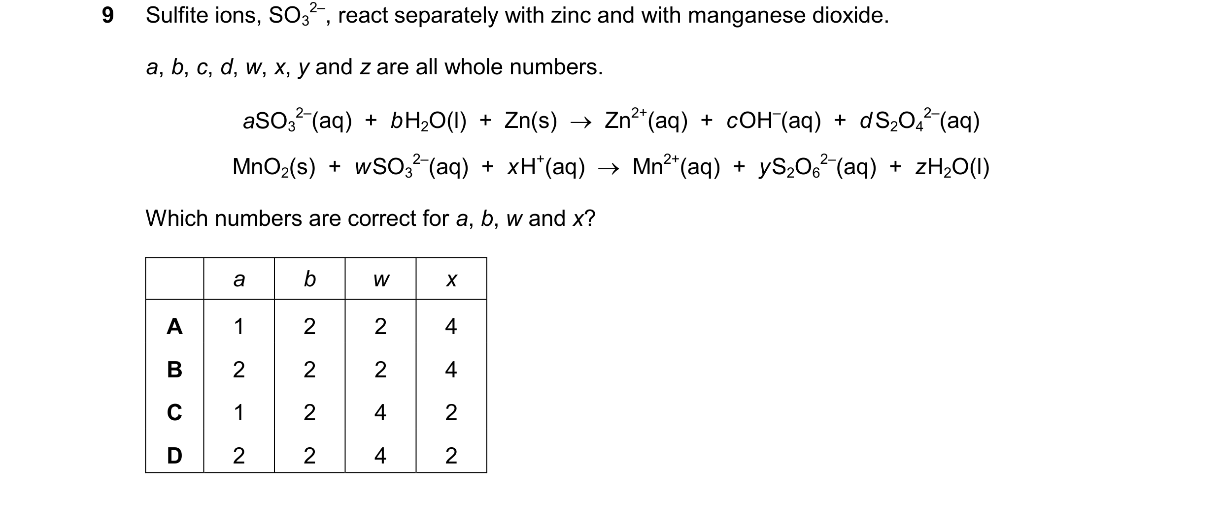 Question 347: Sulfite ions, SO3 2–, react separately with zinc and with manganese dioxide. a, b, c, d, w, x, y and z are all whole numbers. aSO3 2–(aq)  …
