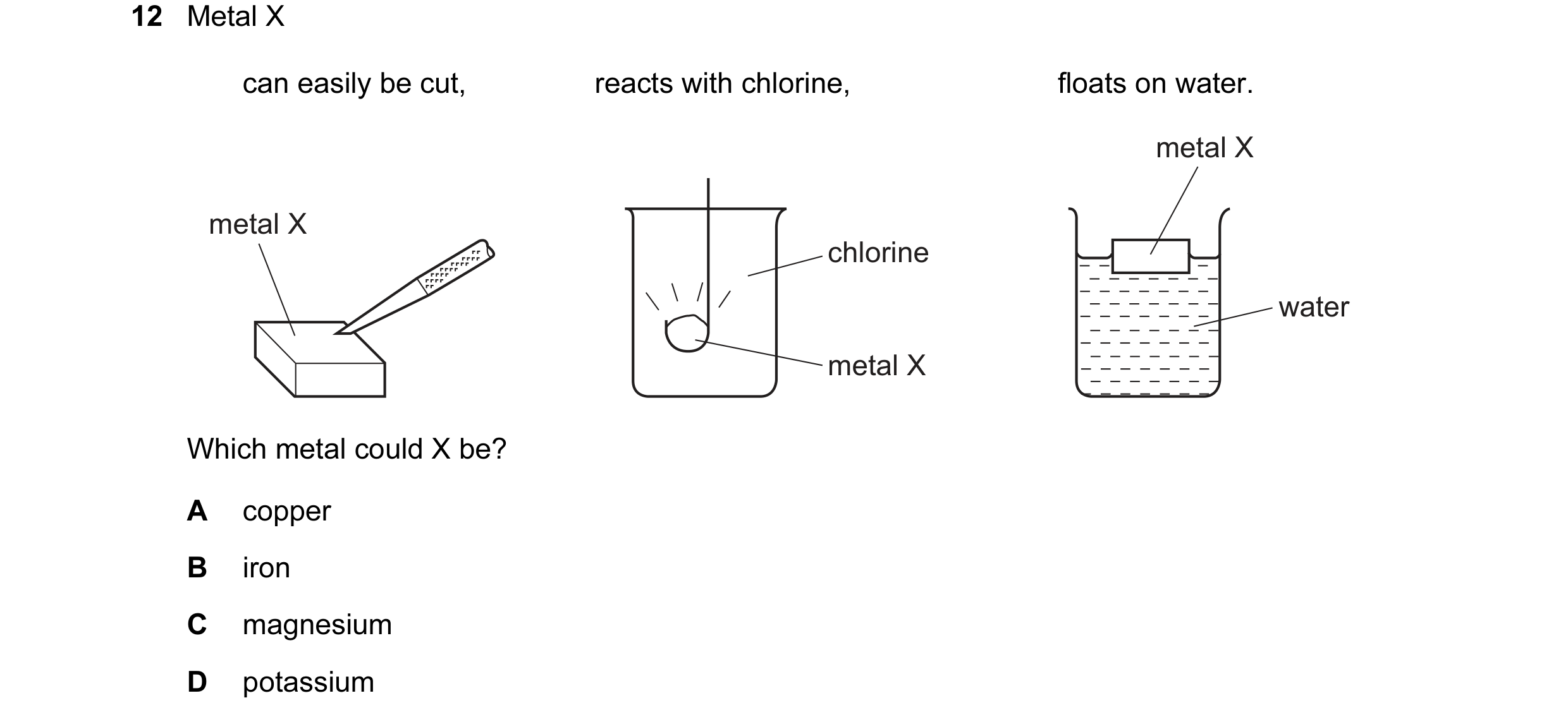 Question 7: Metal X can easily be cut, reacts with chlorine, floats on water. metal X metal X chlorine water metal X Which metal could X be? A copper B…