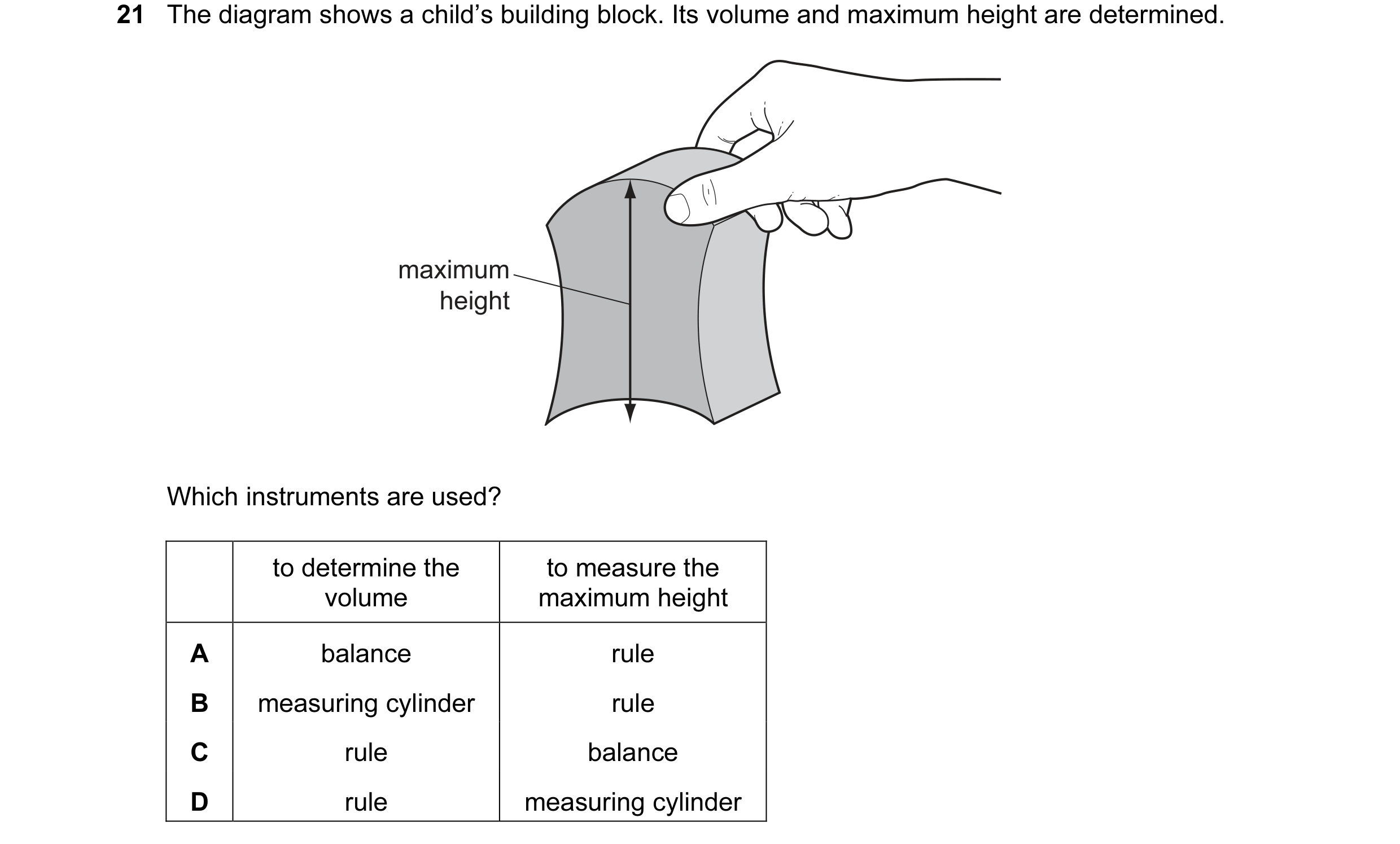 Question 5: The diagram shows a child’s building block. Its volume and maximum height are determined. maximum height Which instruments are used? to det…