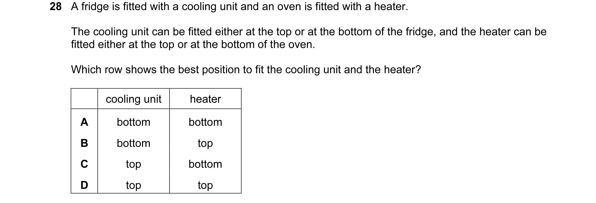 Question 6: A fridge is fitted with a cooling unit and an oven is fitted with a heater. The cooling unit can be fitted either at the top or at the bott…
