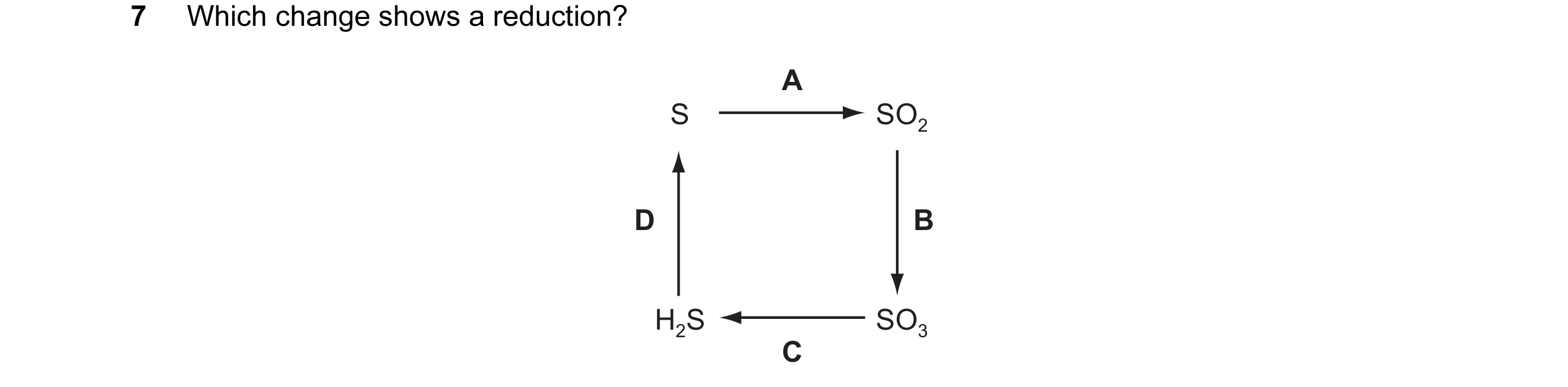 Question 4: Which change shows a reduction? A S SO2 D B H2S SO3 C