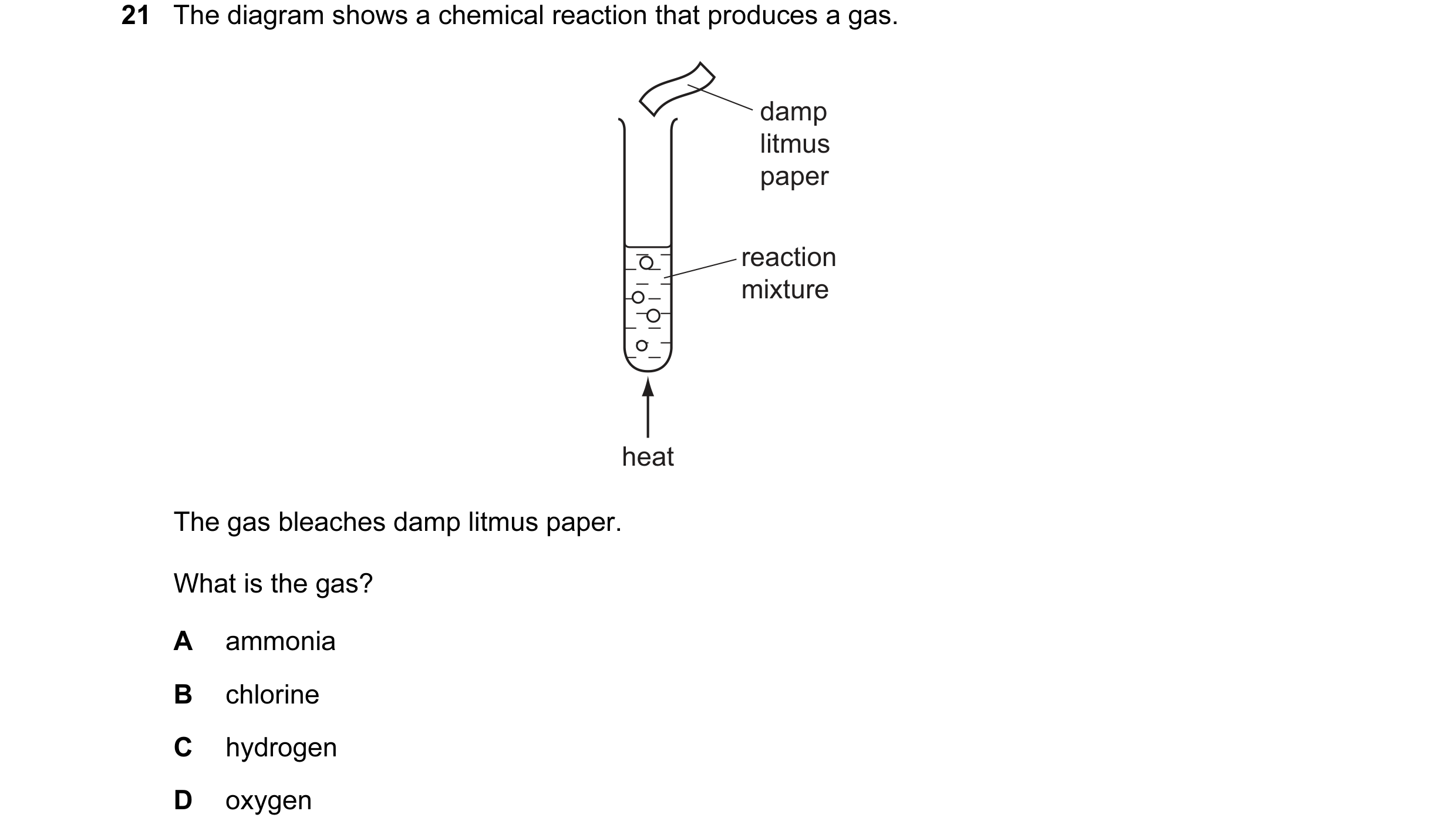 Question 58: The diagram shows a chemical reaction that produces a gas. damp litmus paper reaction mixture heat The gas bleaches damp litmus paper. What…