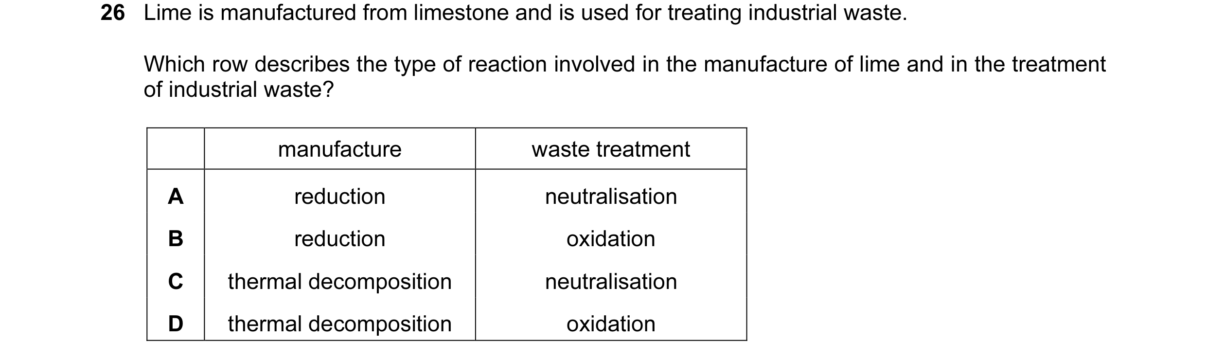 Question 7: Lime is manufactured from limestone and is used for treating industrial waste. Which row describes the type of reaction involved in the man…
