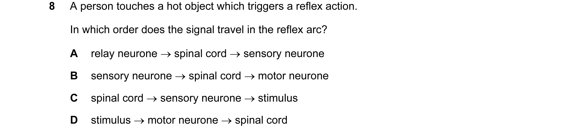 Question 37: A person touches a hot object which triggers a reflex action. In which order does the signal travel in the reflex arc? A relay neurone → sp…