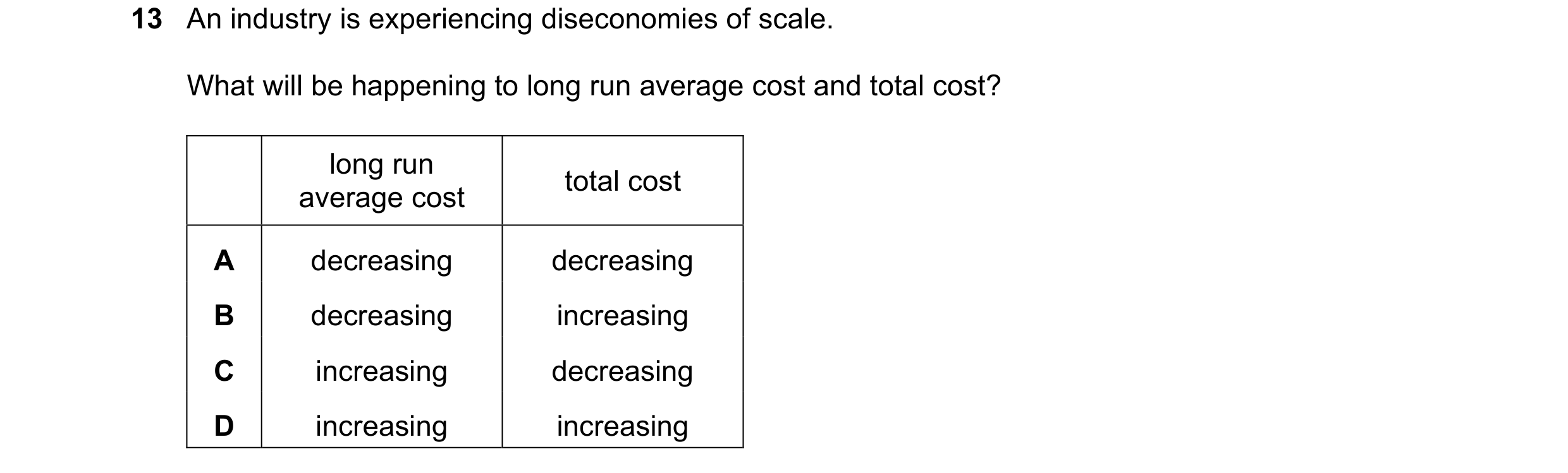 Question 151: An industry is experiencing diseconomies of scale. What will be happening to long run average cost and total cost? long run total cost aver…