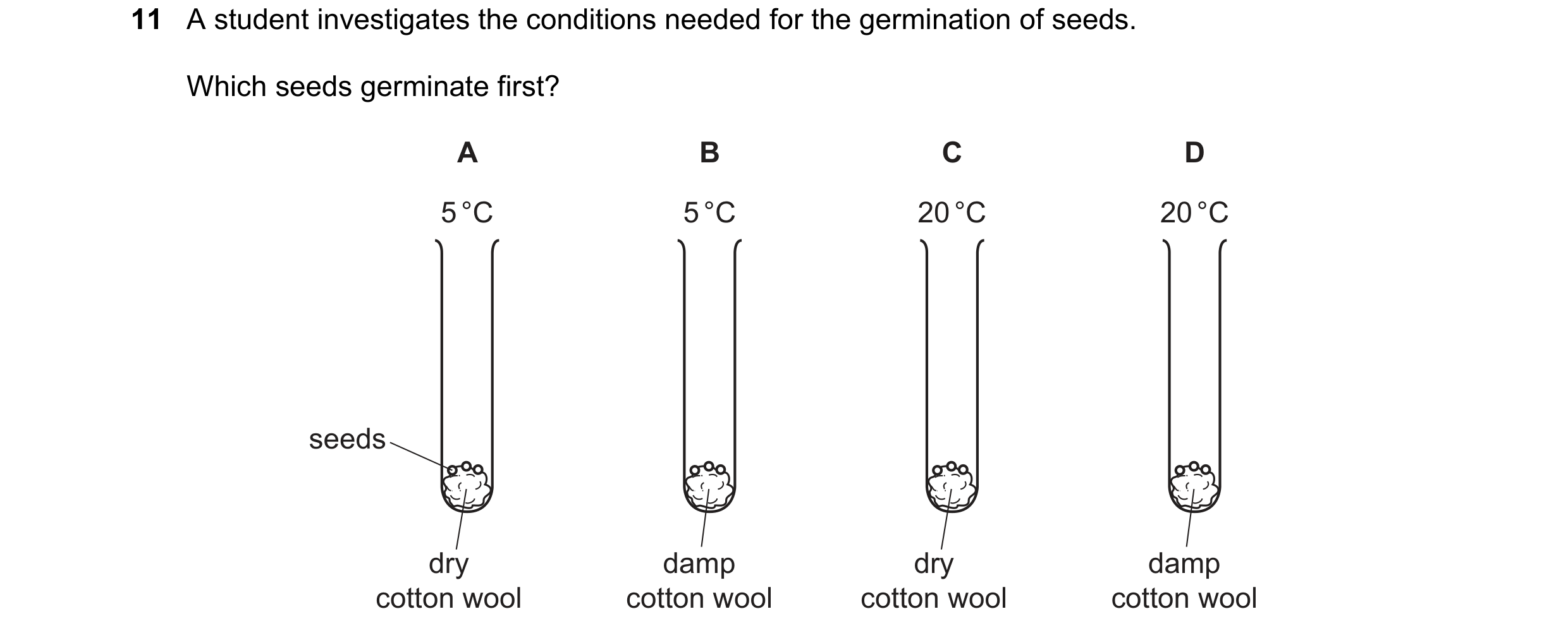 Question 123: A student investigates the conditions needed for the germination of seeds. Which seeds germinate first? A B C D 5 °C 5 °C 20 °C 20 °C seeds…