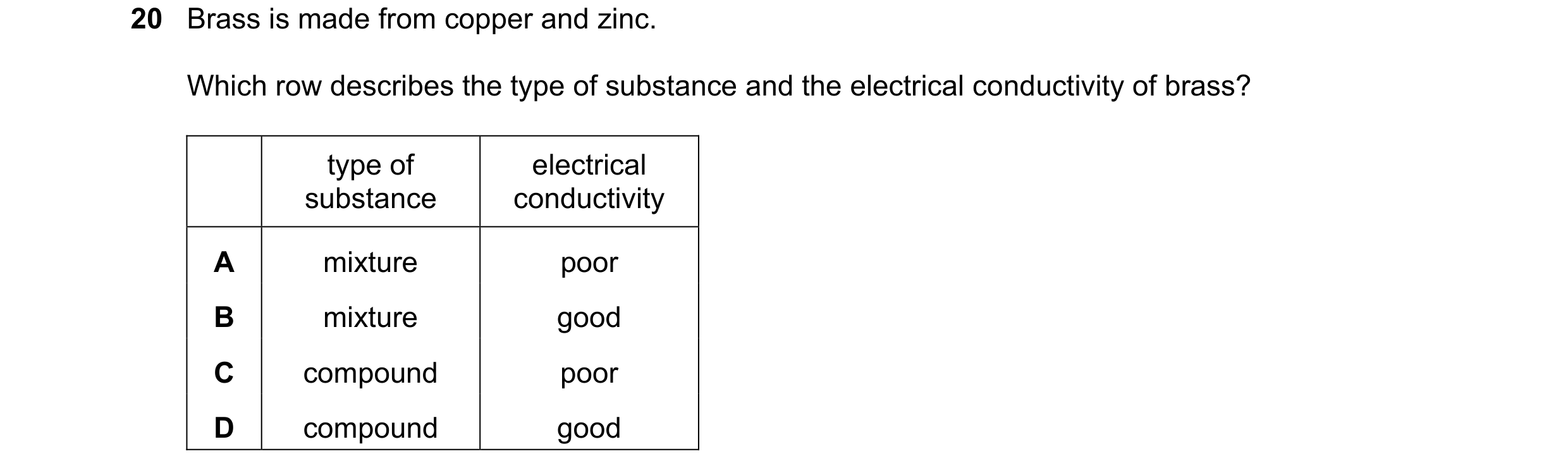 Question 39: Brass is made from copper and zinc. Which row describes the type of substance and the electrical conductivity of brass? type of electrical …