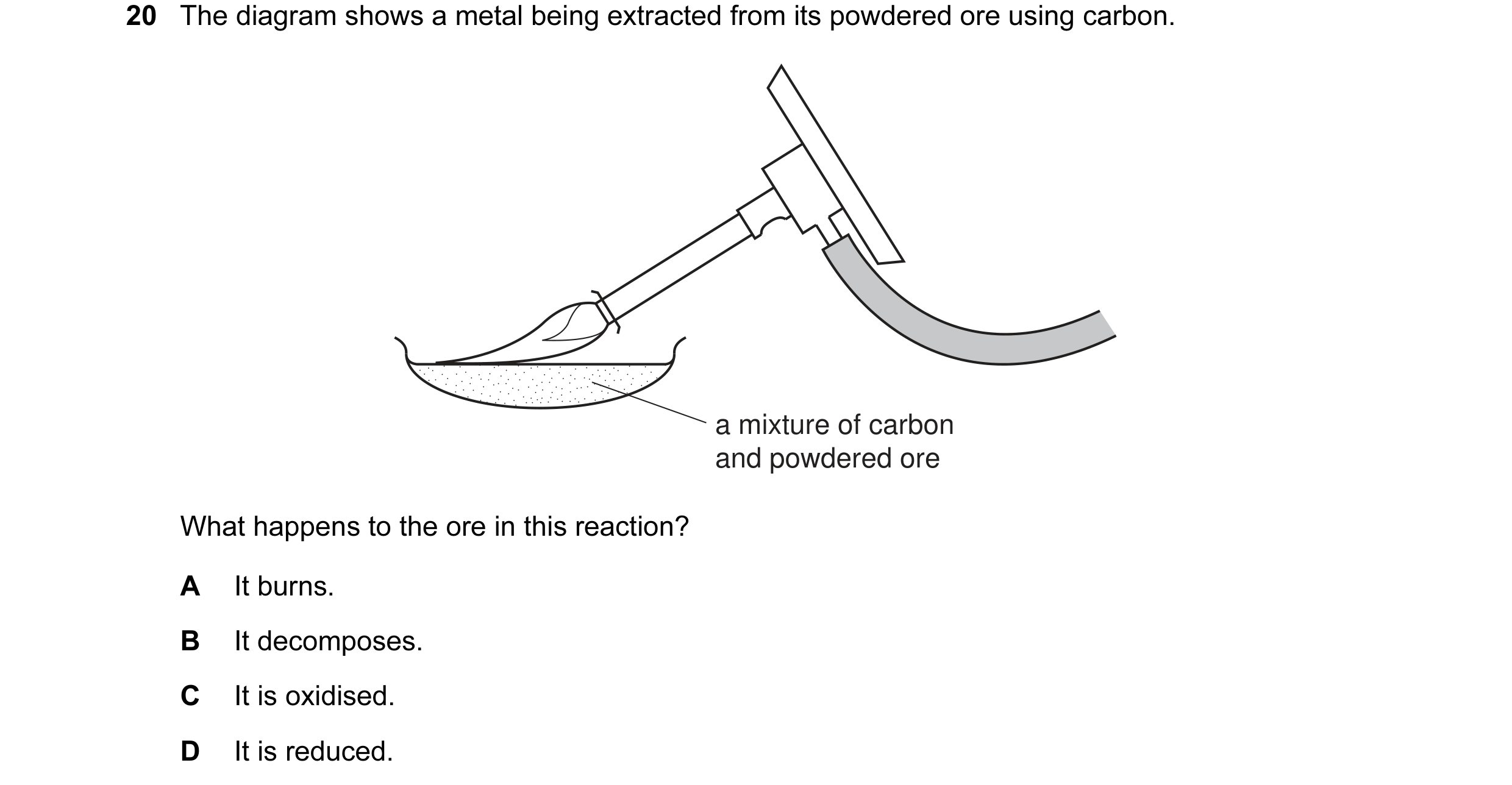 Question 14: The diagram shows a metal being extracted from its powdered ore using carbon. a mixture of carbon and powdered ore What happens to the ore …
