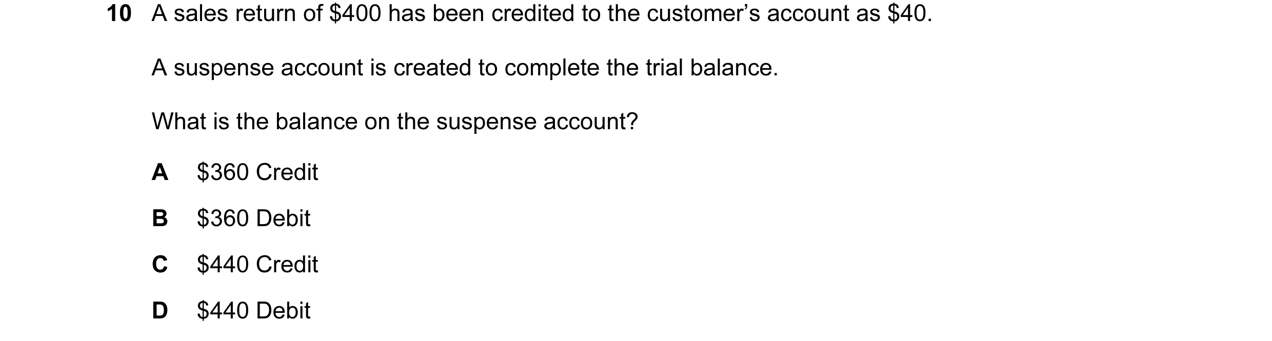 Question 155: A sales return of $400 has been credited to the customer’s account as $40. A suspense account is created to complete the trial balance. Wha…