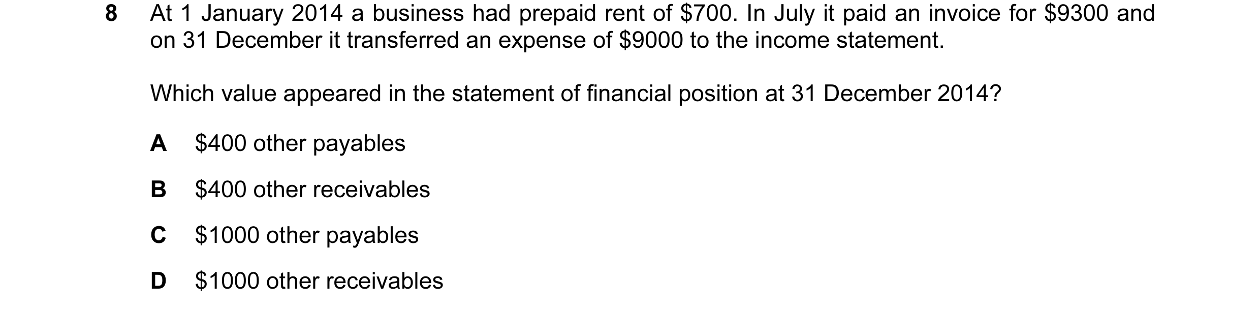 Question 133: At 1 January 2014 a business had prepaid rent of $700. In July it paid an invoice for $9300 and on 31 December it transferred an expense of…