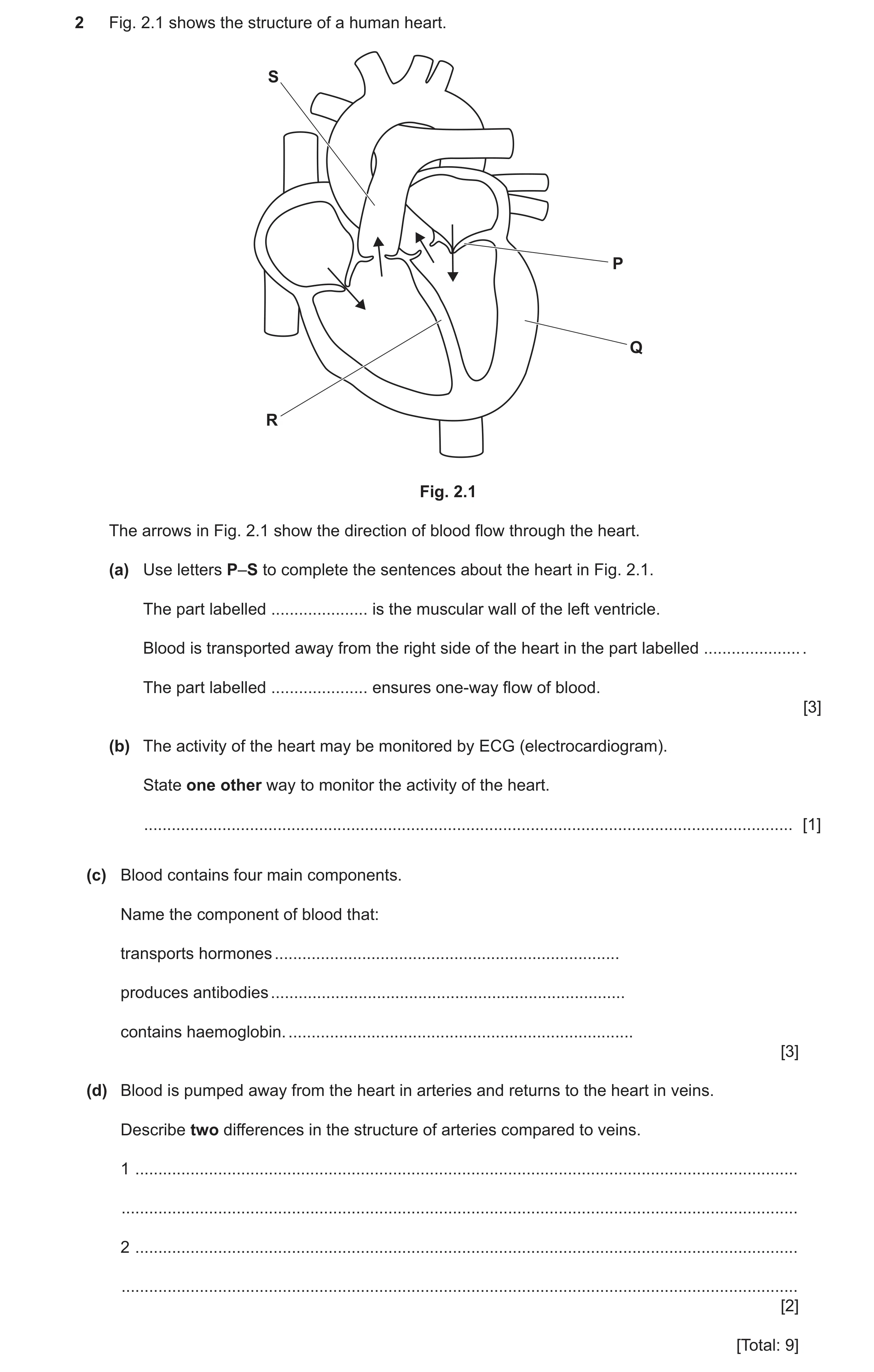 Question 18: Fig. 2.1 shows the structure of a human heart. S P Q R Fig. 2.1 The arrows in Fig. 2.1 show the direction of blood flow through the heart. …