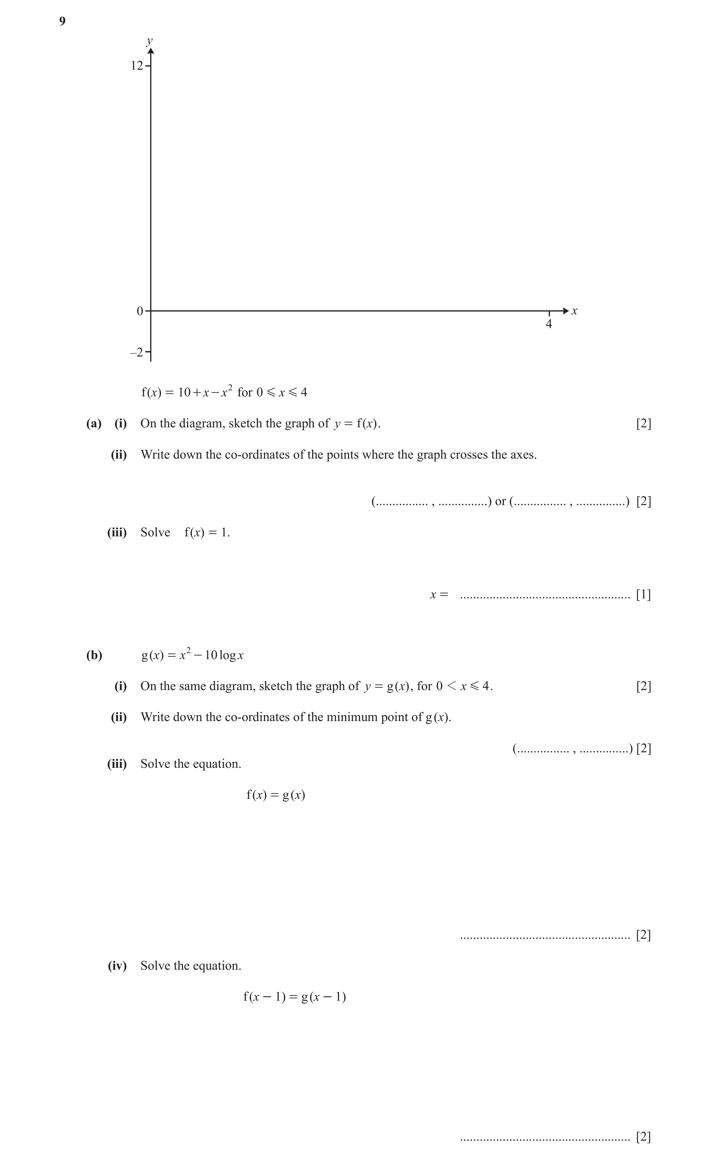 Question 5: y 12 0 x 4 –2 f (x) = 10 + x - x 2 for 0 G x G 4 (a) (i) On the diagram, sketch the graph of y = f (x) . [2] (ii) Write down the co-ordinat…