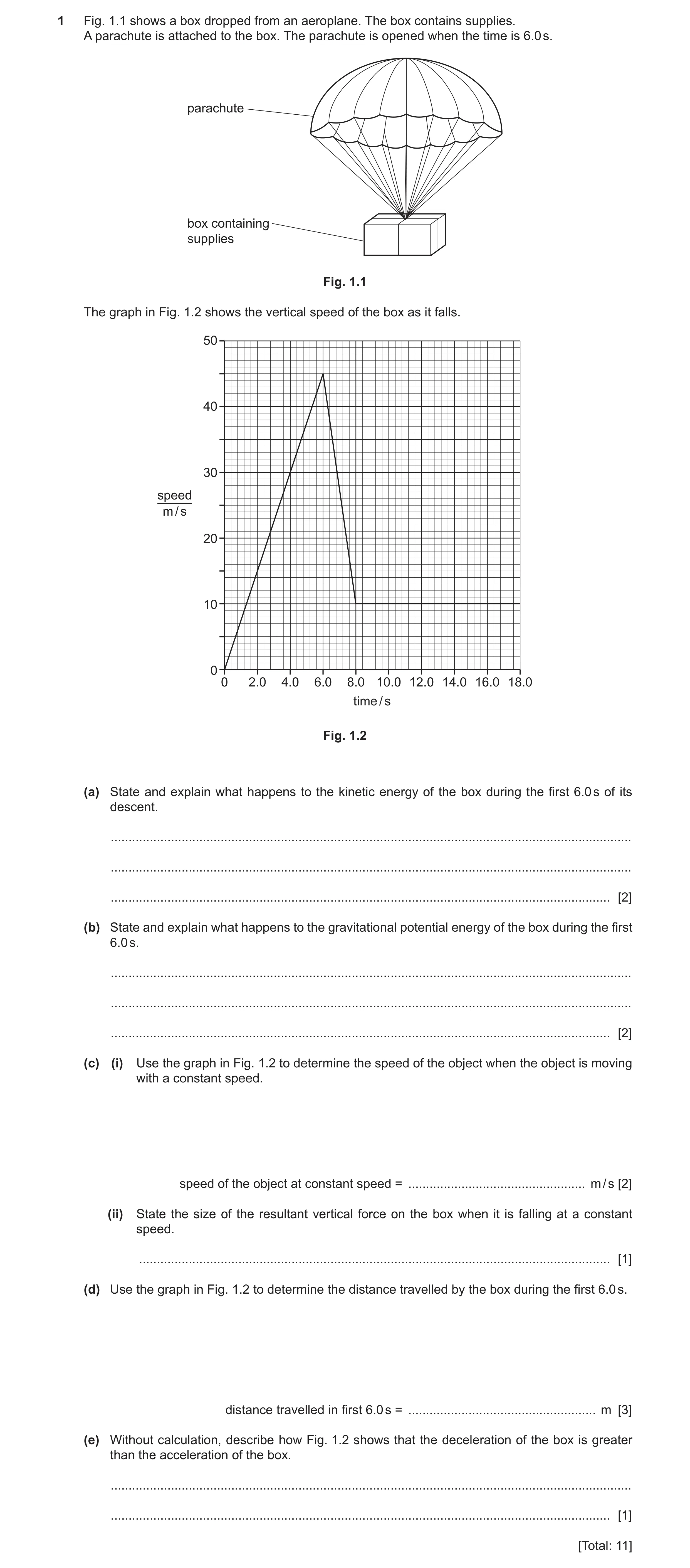 Question 32: Fig. 1.1 shows a box dropped from an aeroplane. The box contains supplies. A parachute is attached to the box. The parachute is opened when…