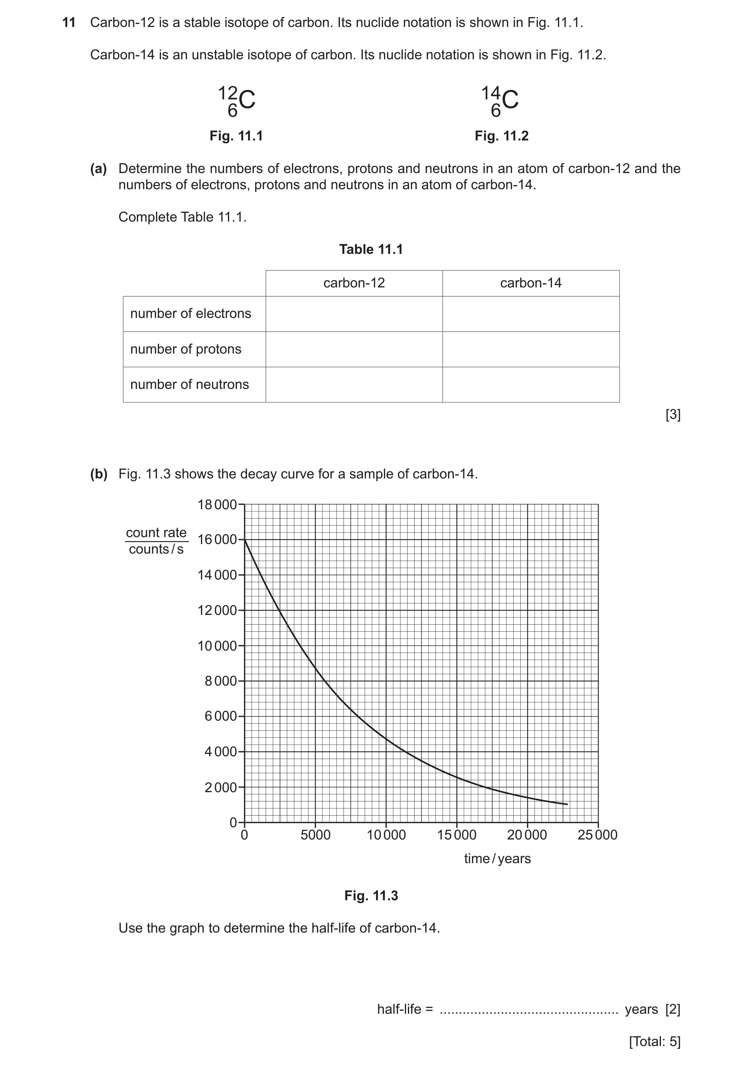 Question 45: Carbon-12 is a stable isotope of carbon. Its nuclide notation is shown in Fig. 11.1. Carbon-14 is an unstable isotope of carbon. Its nuclid…