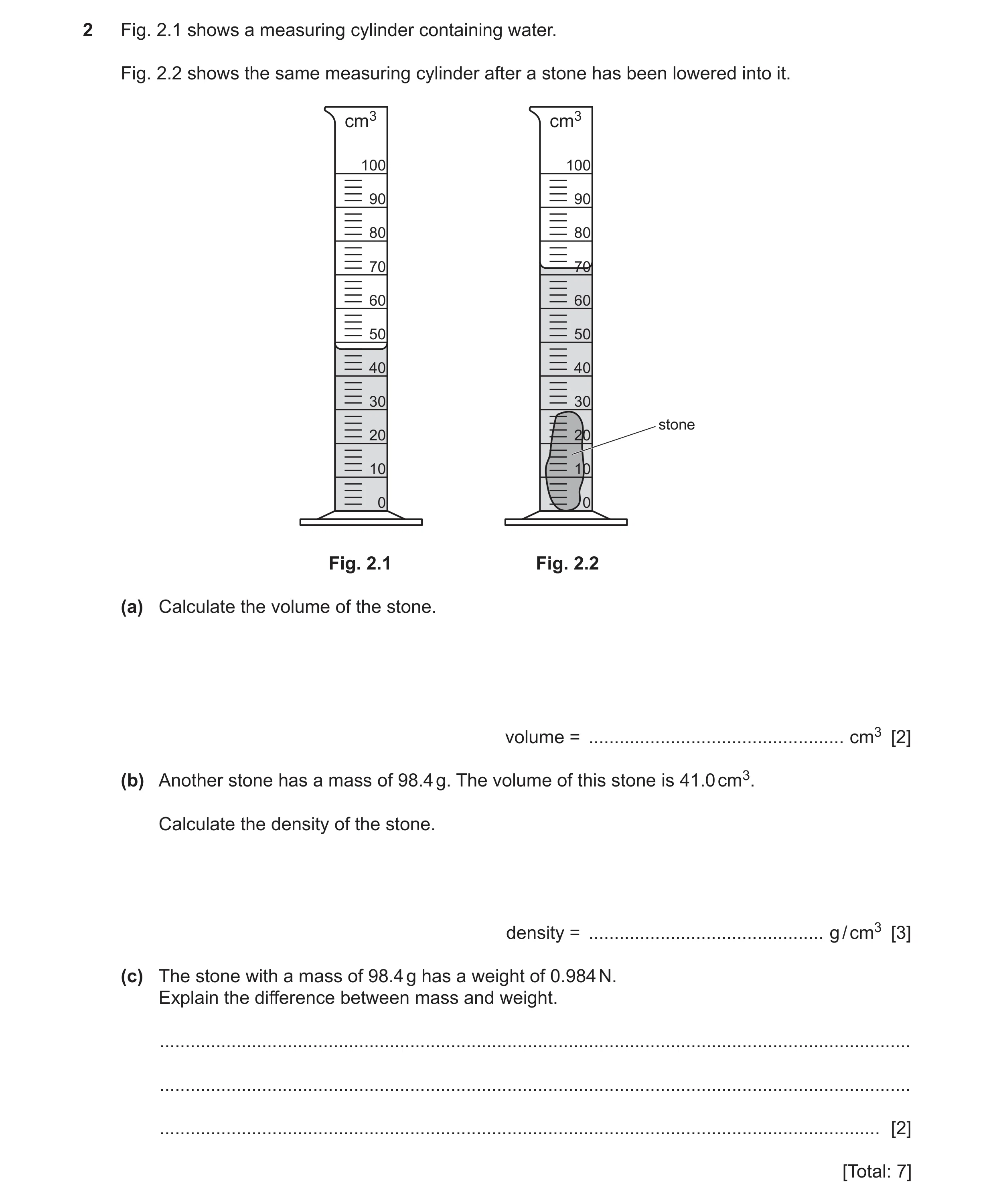 Question 15: Fig. 2.1 shows a measuring cylinder containing water. Fig. 2.2 shows the same measuring cylinder after a stone has been lowered into it. cm…