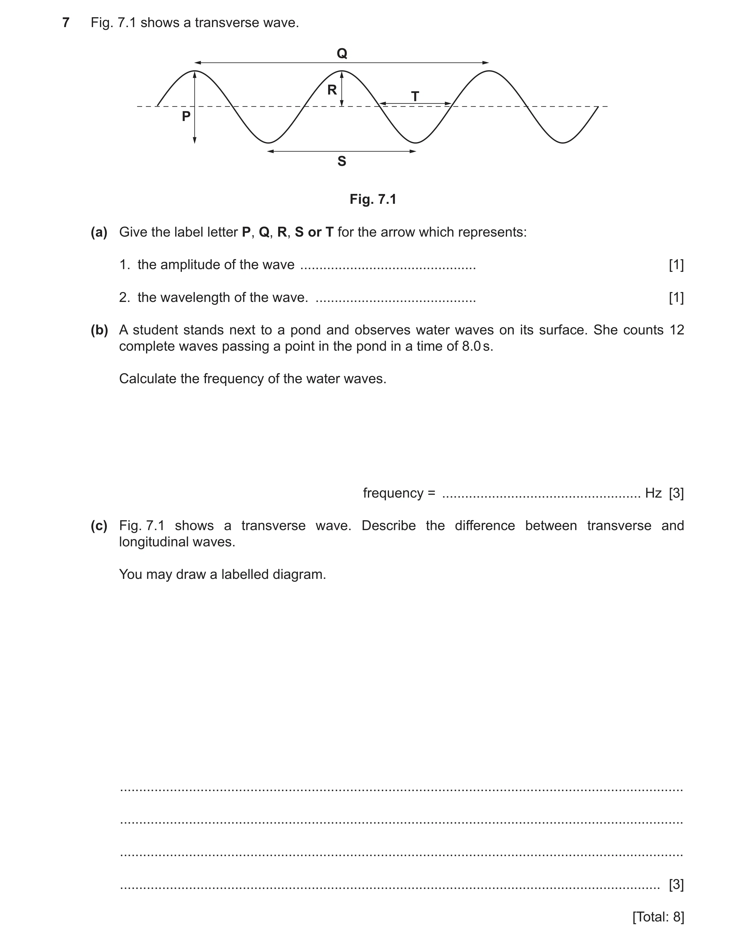Question 11: Fig. 7.1 shows a transverse wave. Q R T P S Fig. 7.1 (a) Give the label letter P, Q, R, S or T for the arrow which represents: 1. the ampli…