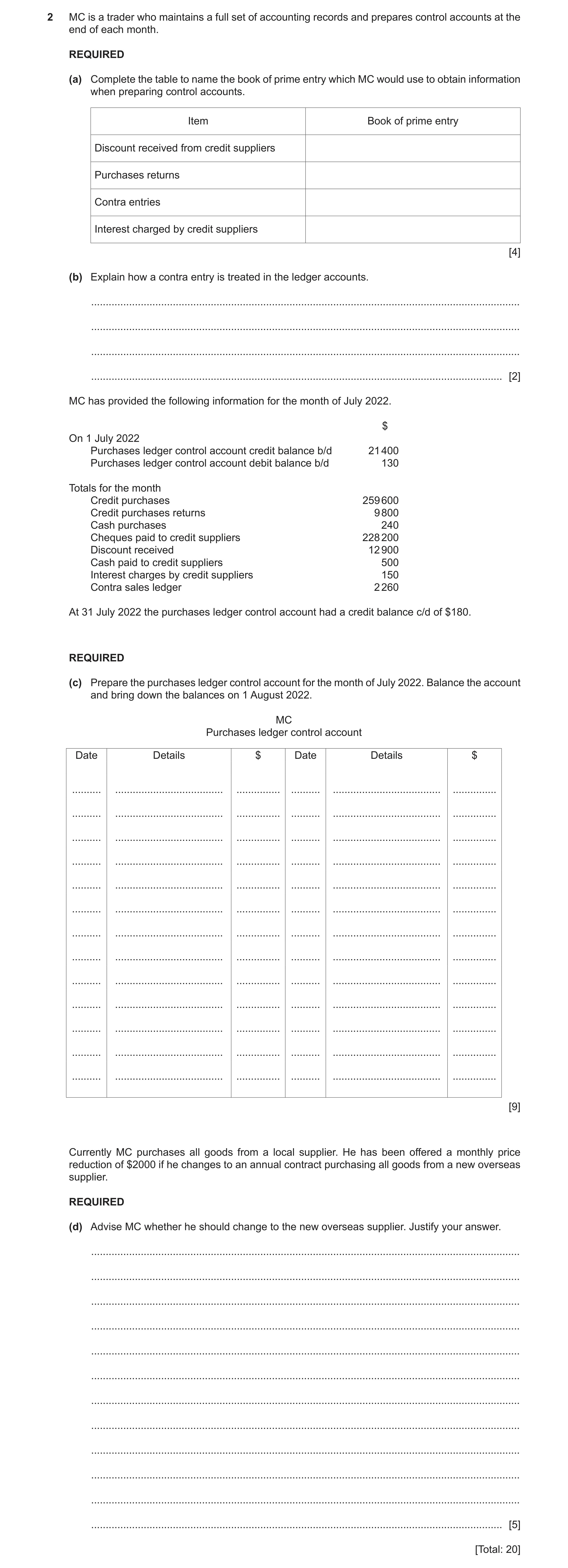 Question 9: MC is a trader who maintains a full set of accounting records and prepares control accounts at the end of each month. REQUIRED (a) Complete…