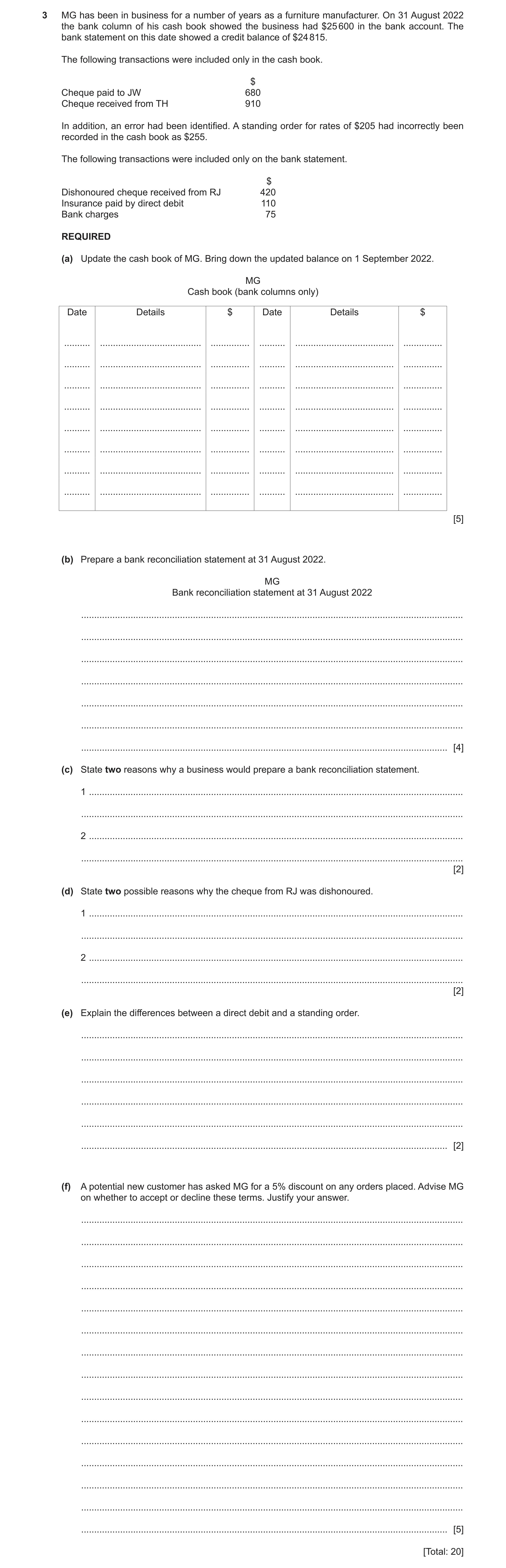 Question 7: MG has been in business for a number of years as a furniture manufacturer. On 31 August 2022 the bank column of his cash book showed the bu…