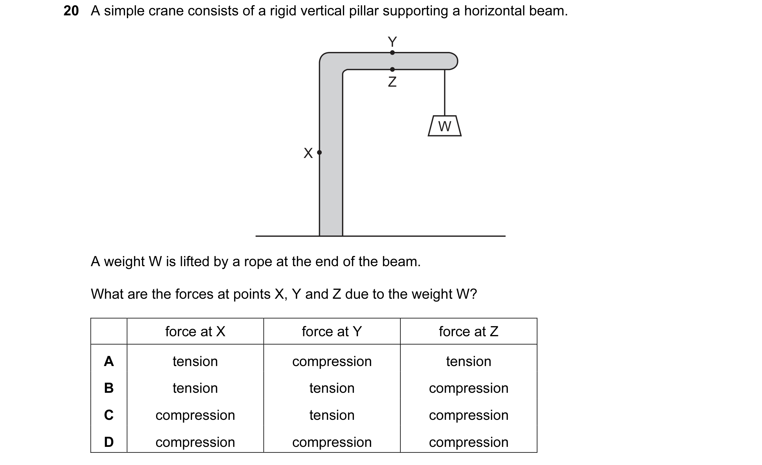Question 6: A simple crane consists of a rigid vertical pillar supporting a horizontal beam. Y Z W X A weight W is lifted by a rope at the end of the b…