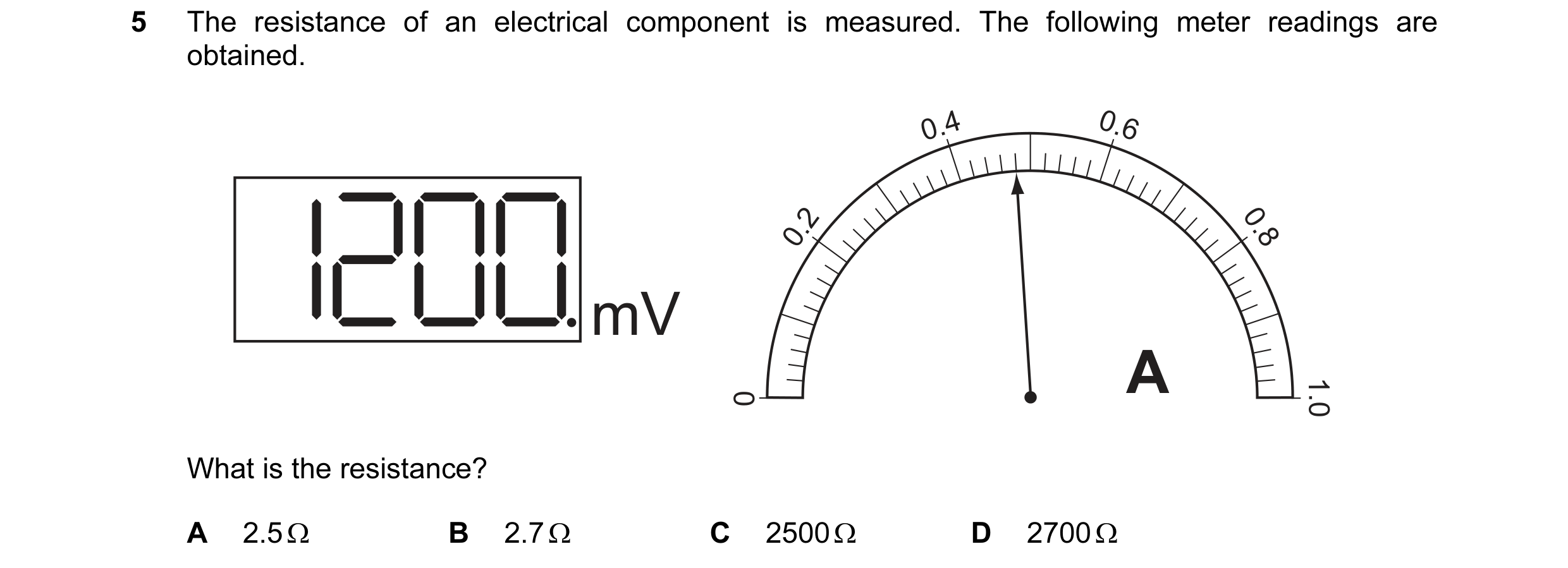 Question 10: The resistance of an electrical component is measured. The following meter readings are obtained. 0.4 0.6 0.2 0.8 mV A 0 1.0 What is the re…
