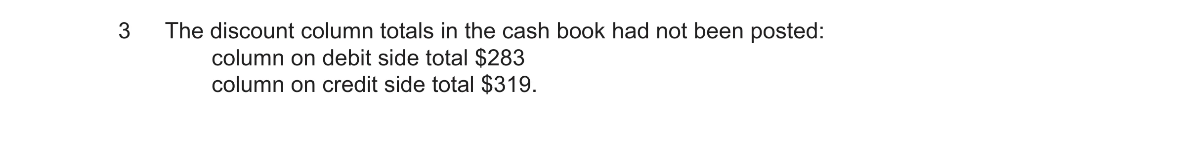 Question 50: The discount column totals in the cash book had not been posted: column on debit side total $283 column on credit side total $319.