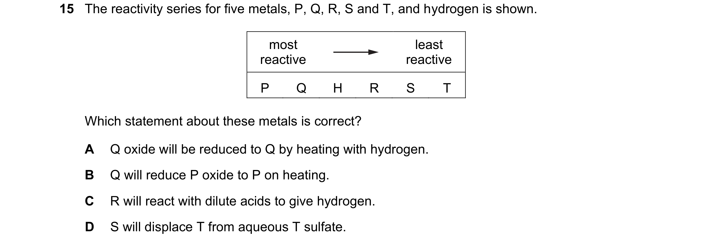Question 29: The reactivity series for five metals, P, Q, R, S and T, and hydrogen is shown. most least reactive reactive P Q H R S T Which statement ab…