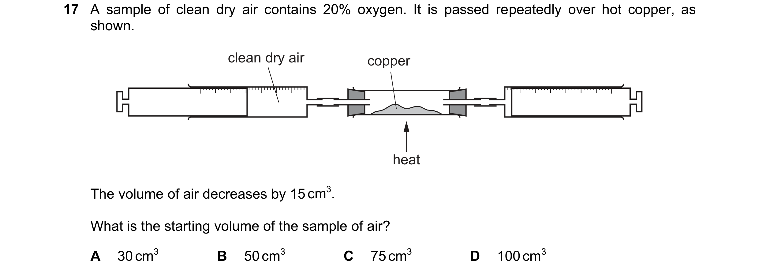 Question 34: A sample of clean dry air contains 20% oxygen. It is passed repeatedly over hot copper, as shown. clean dry air copper heat The volume of a…
